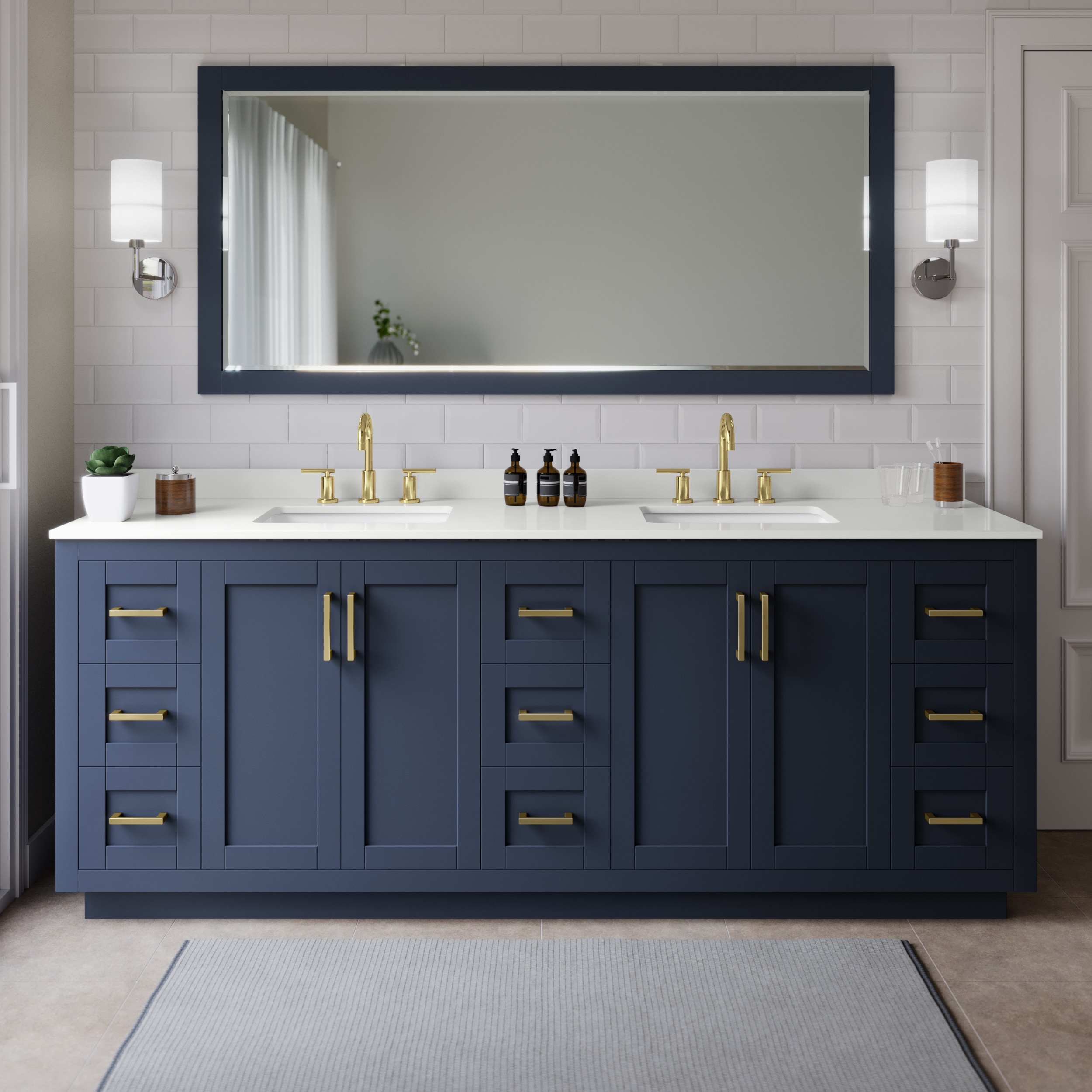Wyndham Collection WCF292984DBLWQUS3MXX Miranda 84-in Dark Blue Undermount Double Sink Bathroom Vanity with White Quartz Top