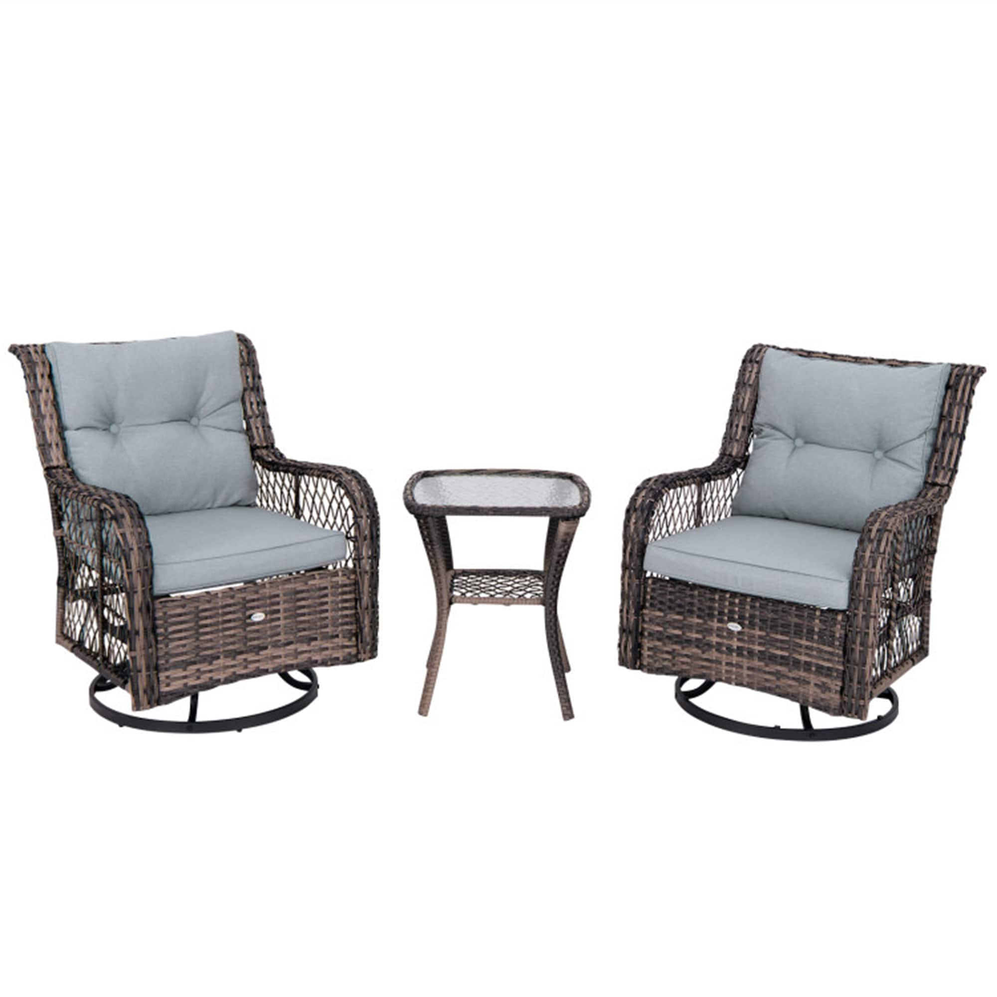 BABOOM BOM-11574GR-CO Outdoor Swivel Rocker Set 3 -Piece Rattan Patio Conversation Set with Gray Cushions