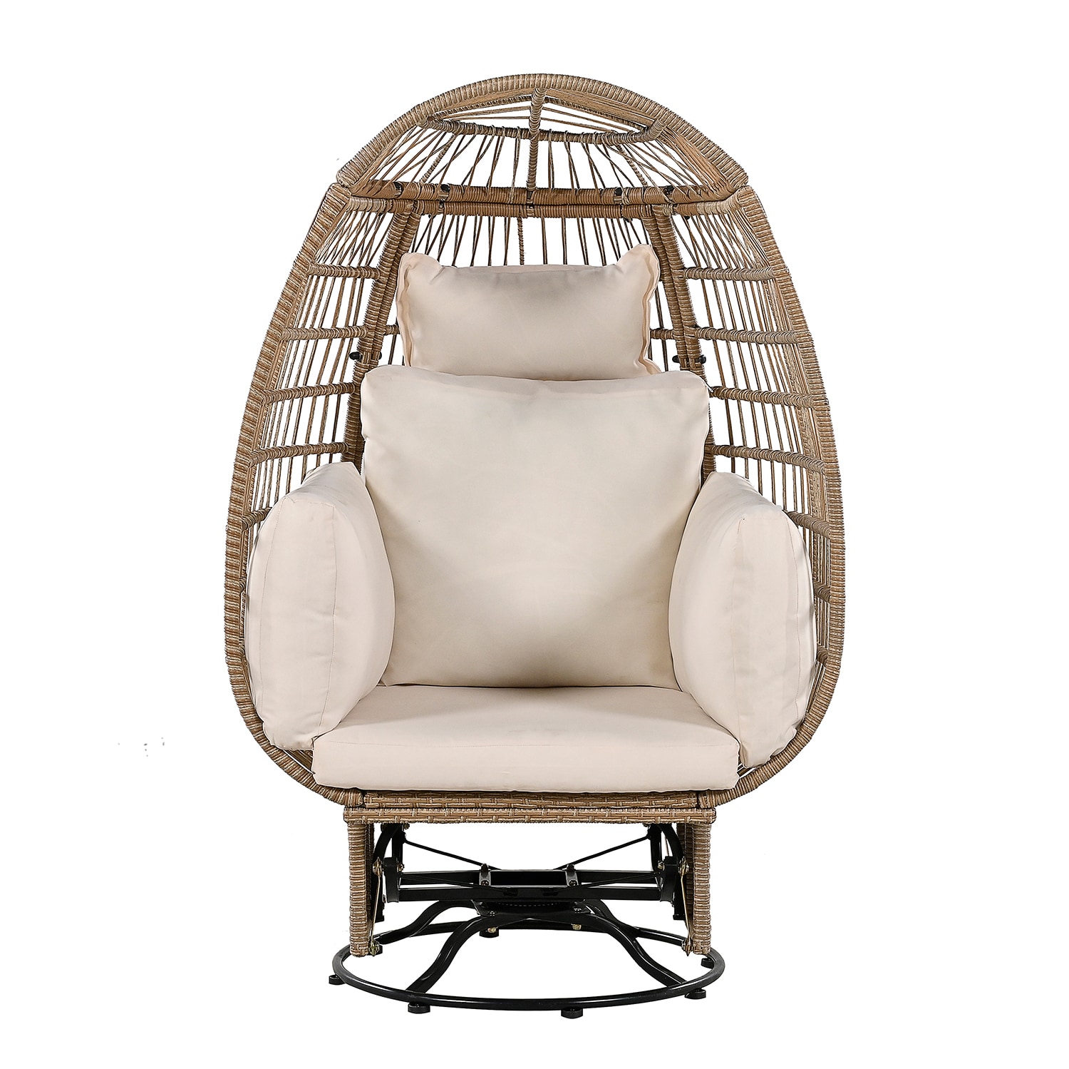 Bybafun YA3300135 Rattan Brown Iron Frame Swivel Egg Chair with Off-white Cushioned Seat