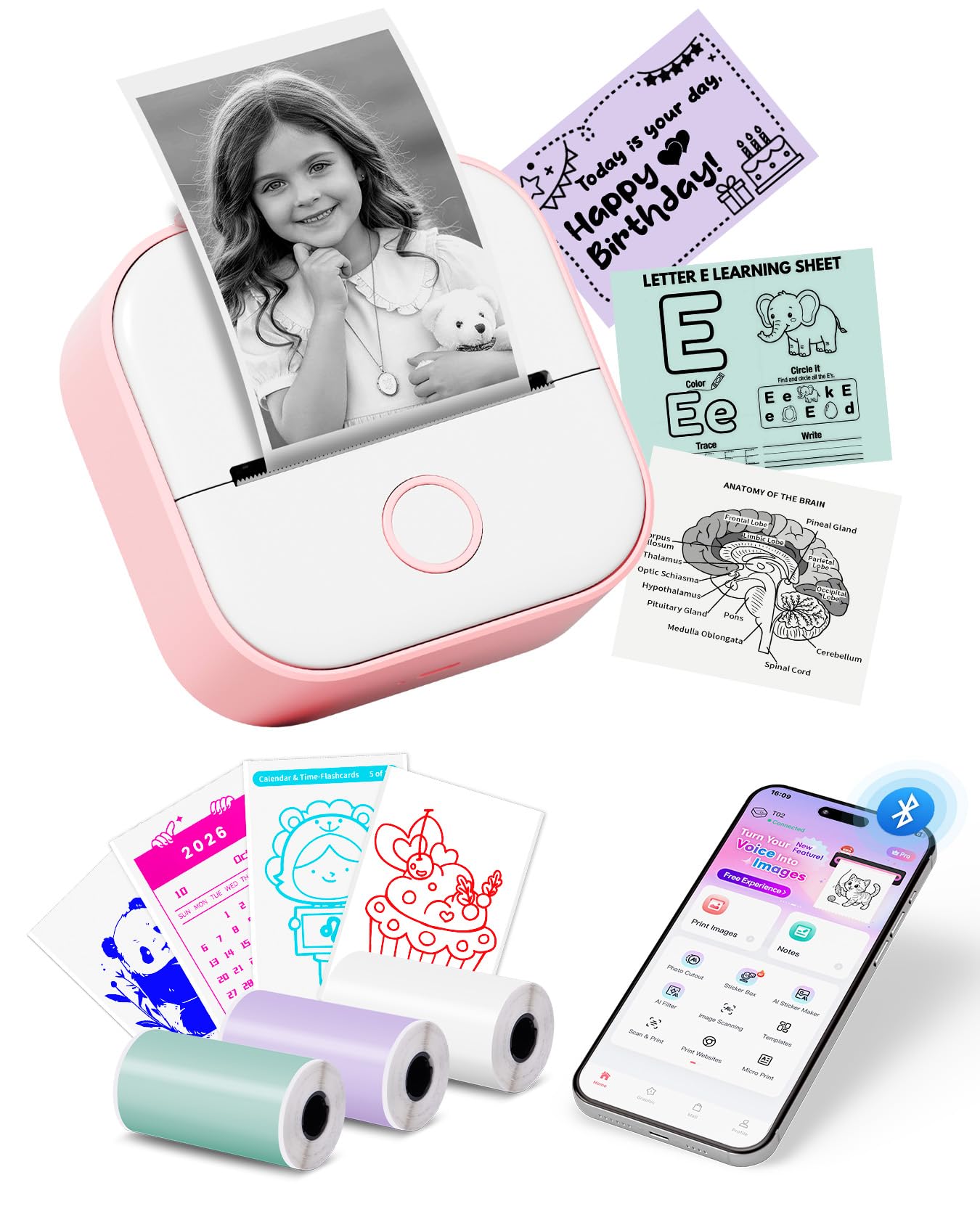 Adrinfly  Mini Sticker Printer T02 Mini Thermal Printer Wireless Inkless Label Maker Portable Sticker Maker for Student Birthday Gift Compatible