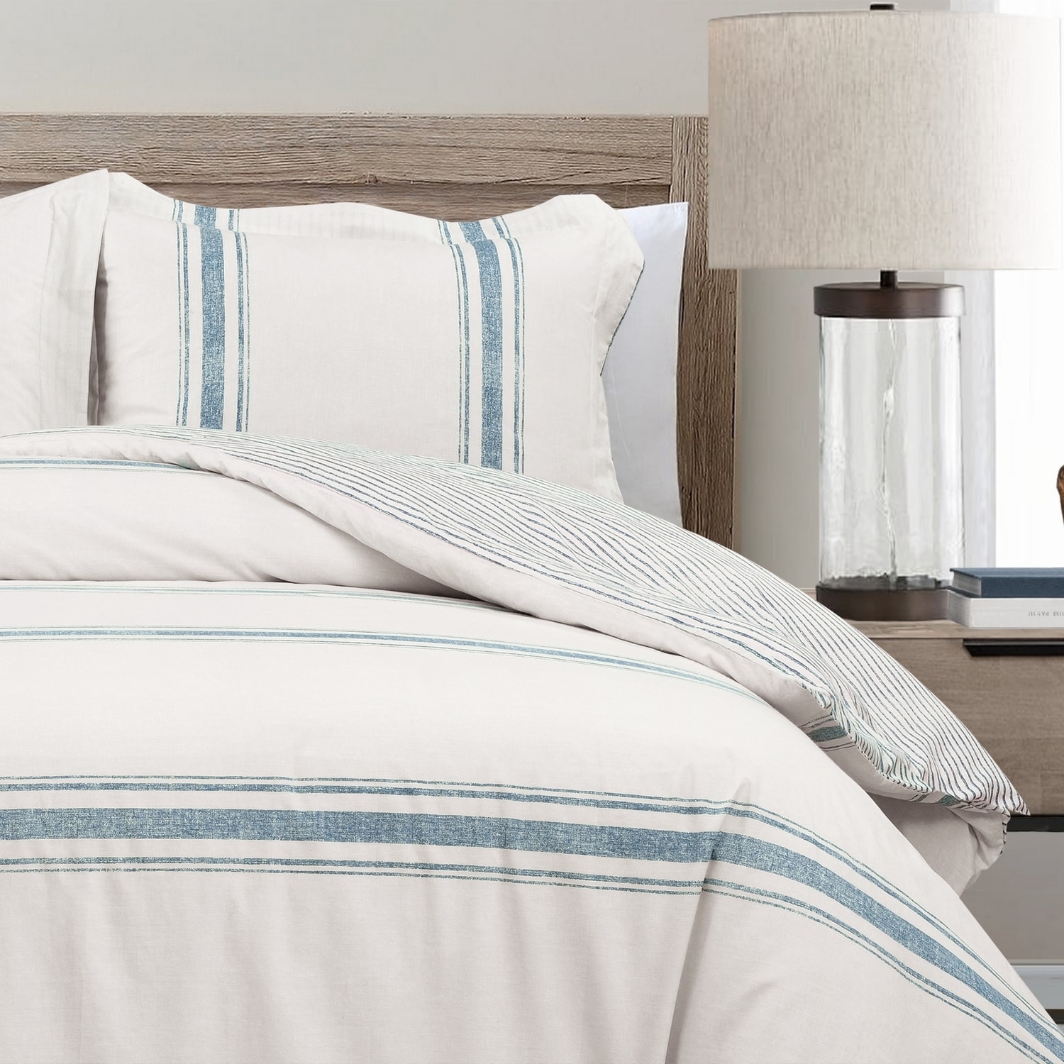 Blue and Cream Cotton Reversible Duvet Cover Set, King