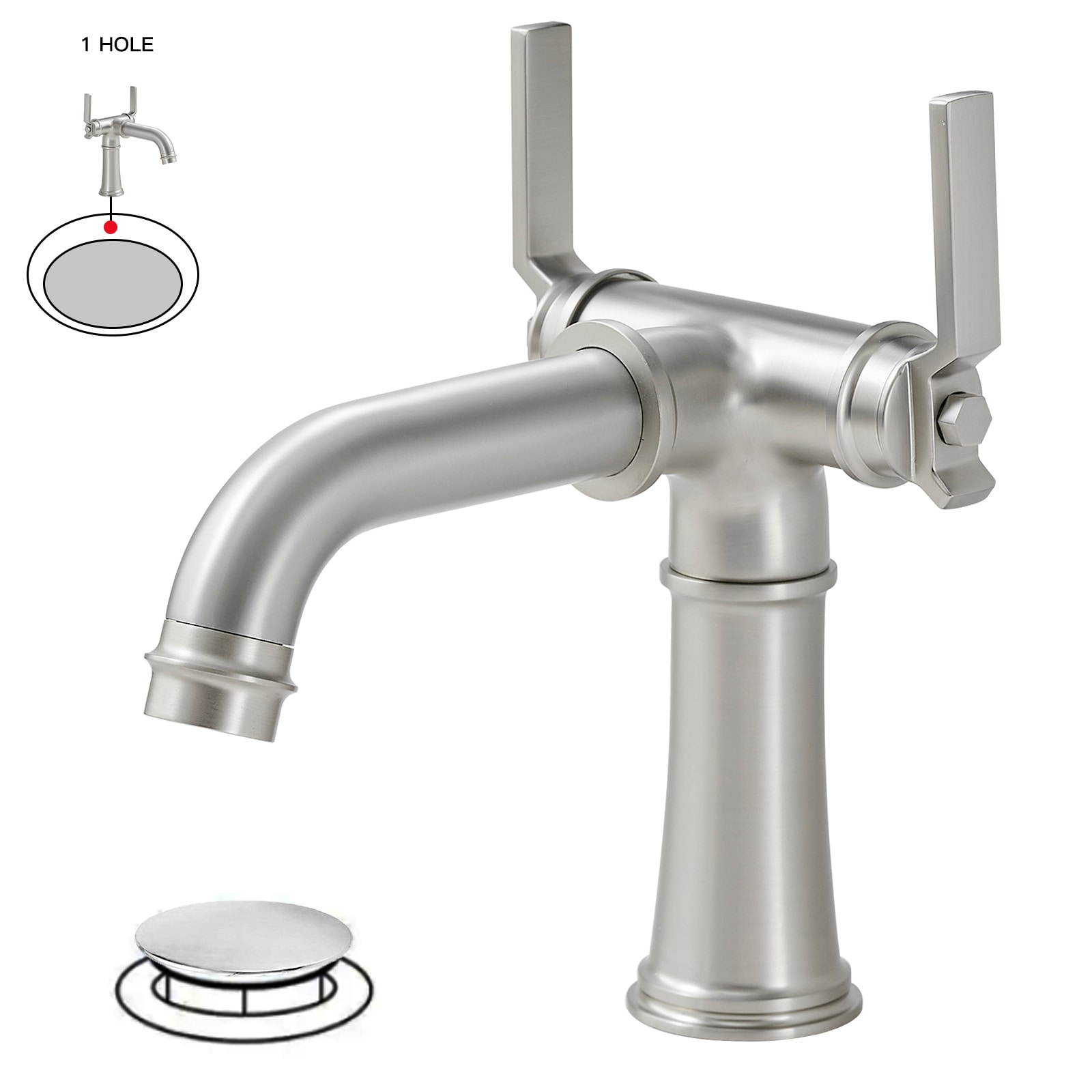 BWE A-99007-N Brushed Nickel Single hole 2-handle WaterSense Low-arc Commercial/Residential Handle Bathroom Sink Faucet with Drain