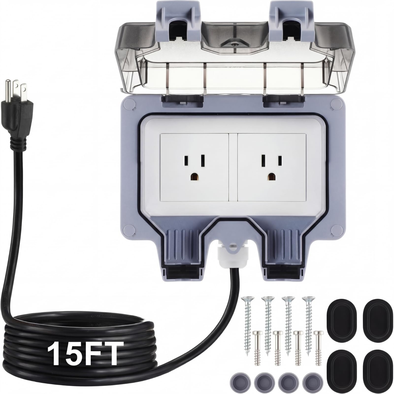 KHKFY  Outdoor Outlet Box with 15ft Extension Cord Weatherproof IP66 Dual 15 Amp Receptacles Cover 14 AWG 3C SJTW Cord for Garden Garage Patio