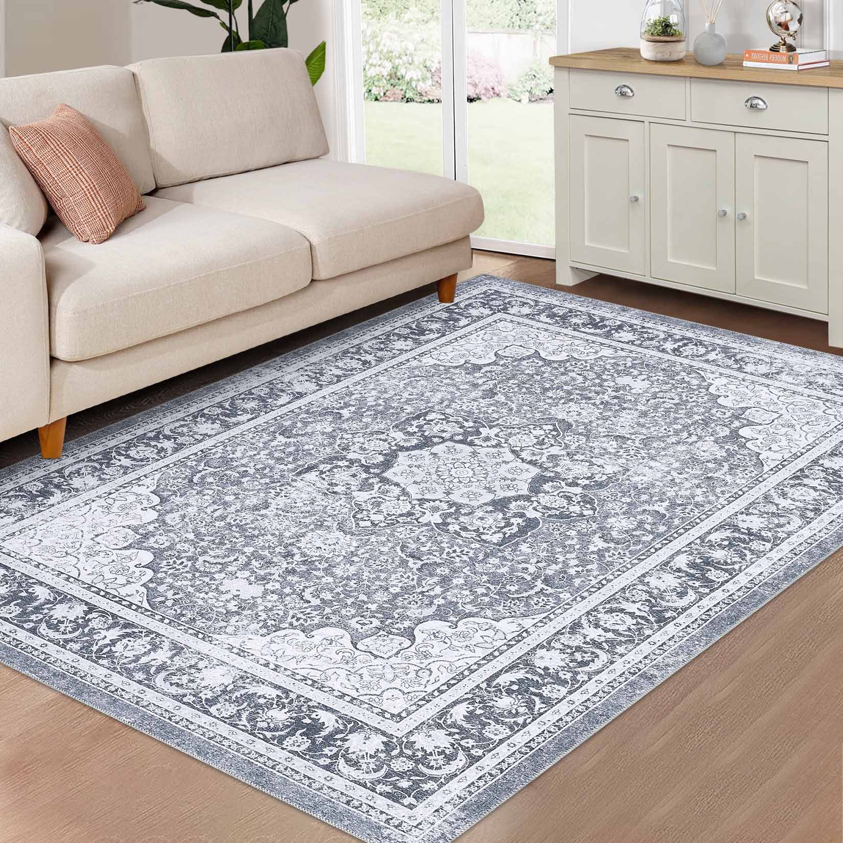 Garvee YXY-LO-PHO-10Q4E9B1 9 x 12 (ft) Loomed Polyester Gray Rectangular Indoor Floral/Botanical Persian Machine washable Area rug