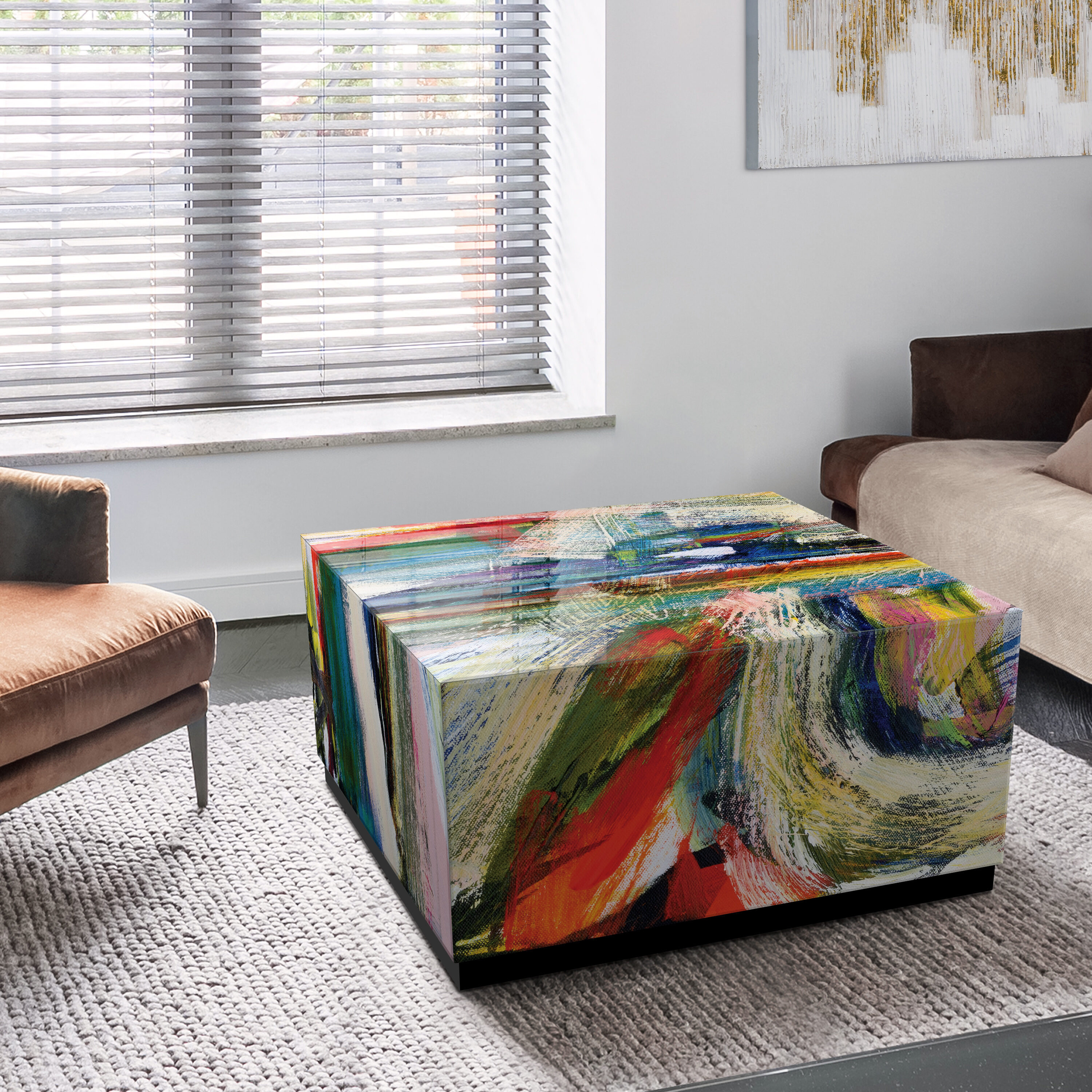 Abstract Multicolor Glass and Wood Cocktail Table