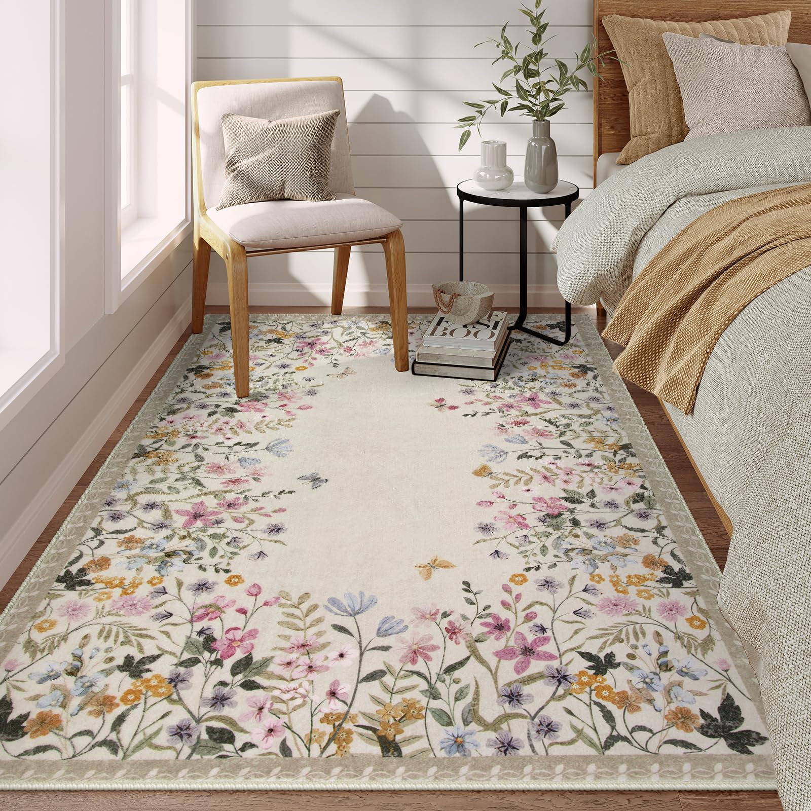 Lahome RR-DYR-036-W2 4 x 6 (ft) White GST Loop Floral Surround Short Pile Velvet Rectangular Indoor Area Rug