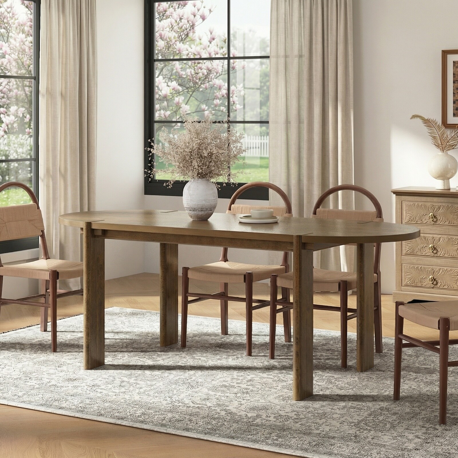 Horizons Prime - 71 inch Walnut Wood and MDF Oval Dining Table with Wood Pedestal Base for 4 to 6...