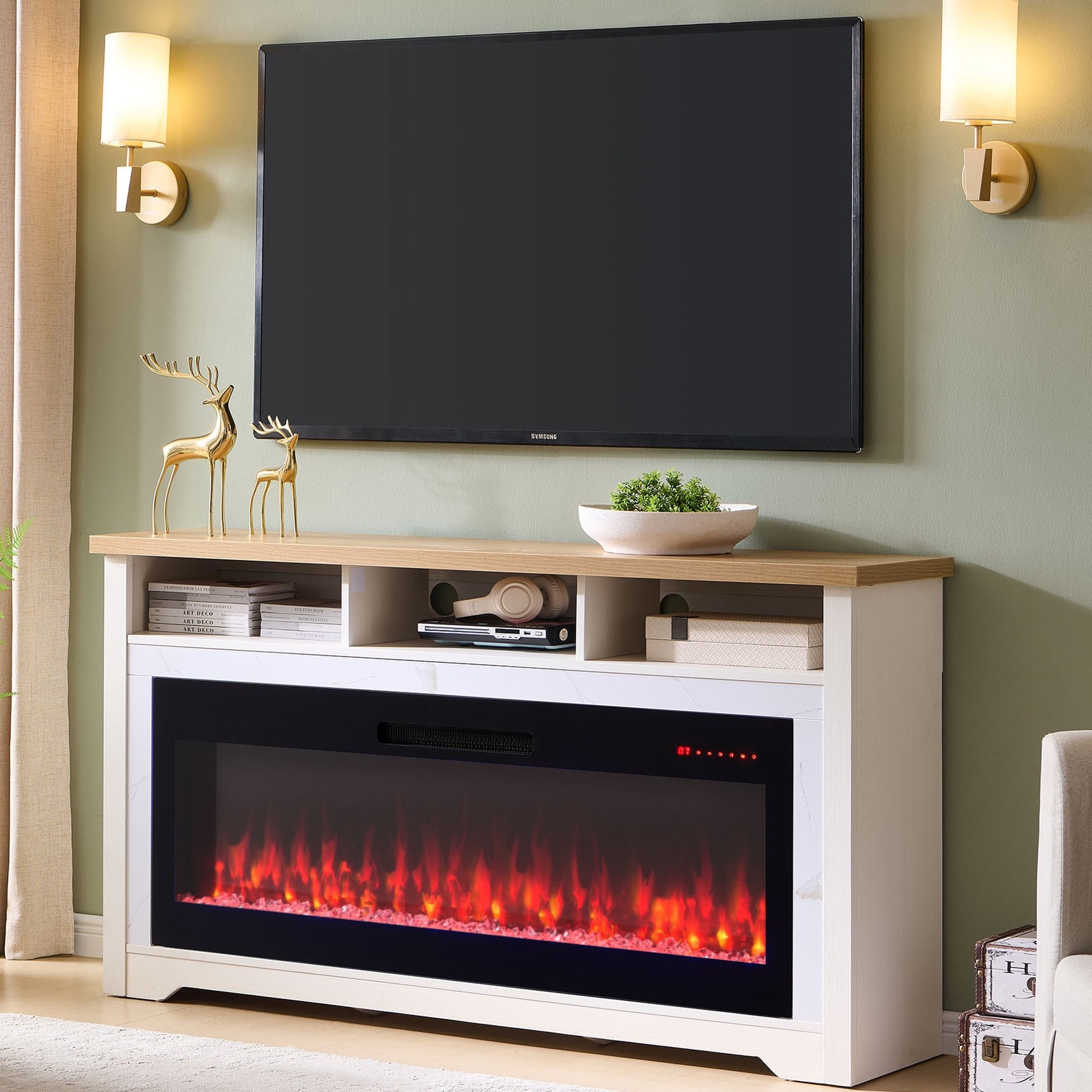 Dexmalle W1769500011 60-in W White Media TV Stand with Smart Electric Fireplace and Remote Control