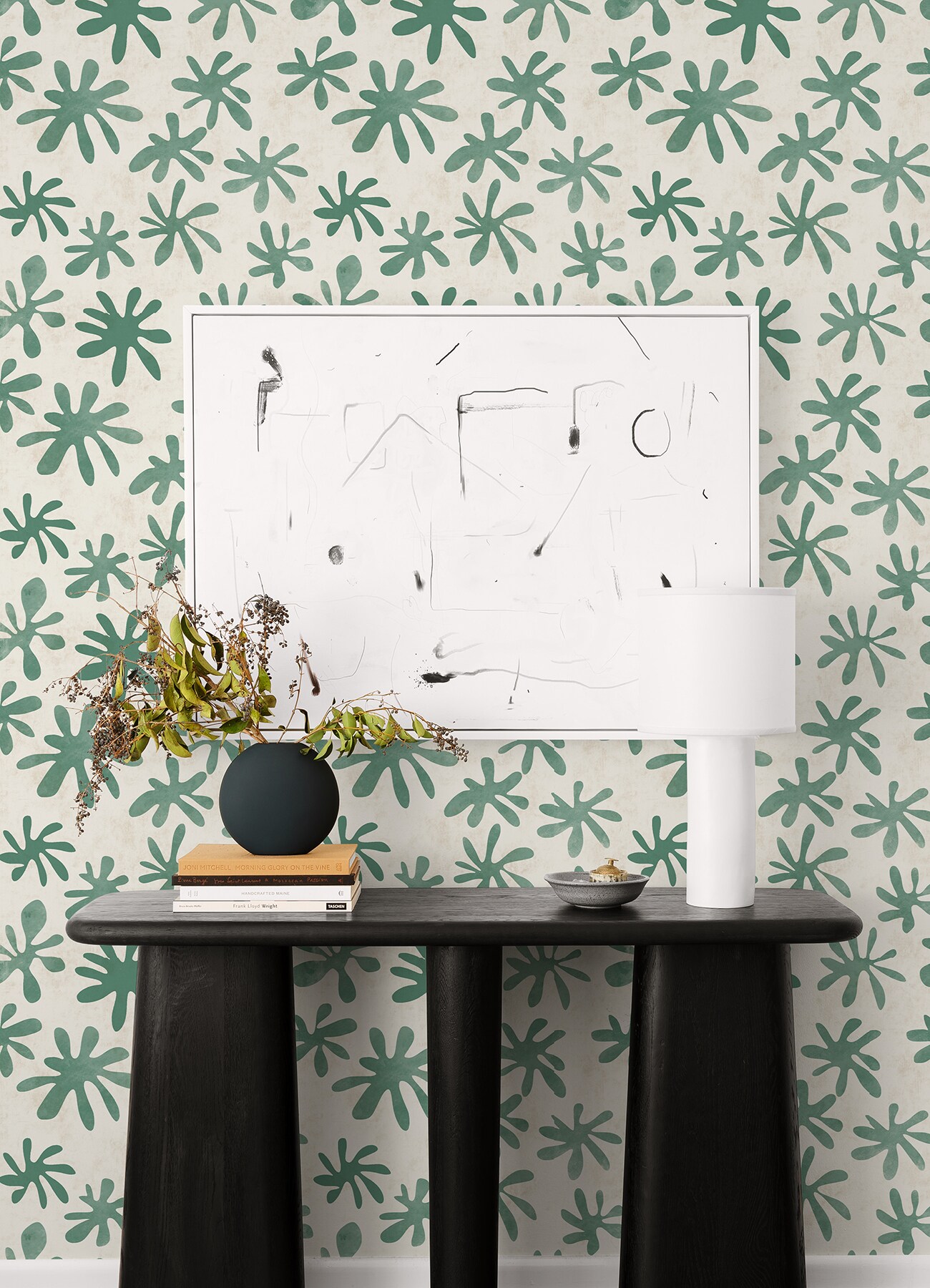 Green and Off-White Vinyl Floral Peel and Stick Wallpaper