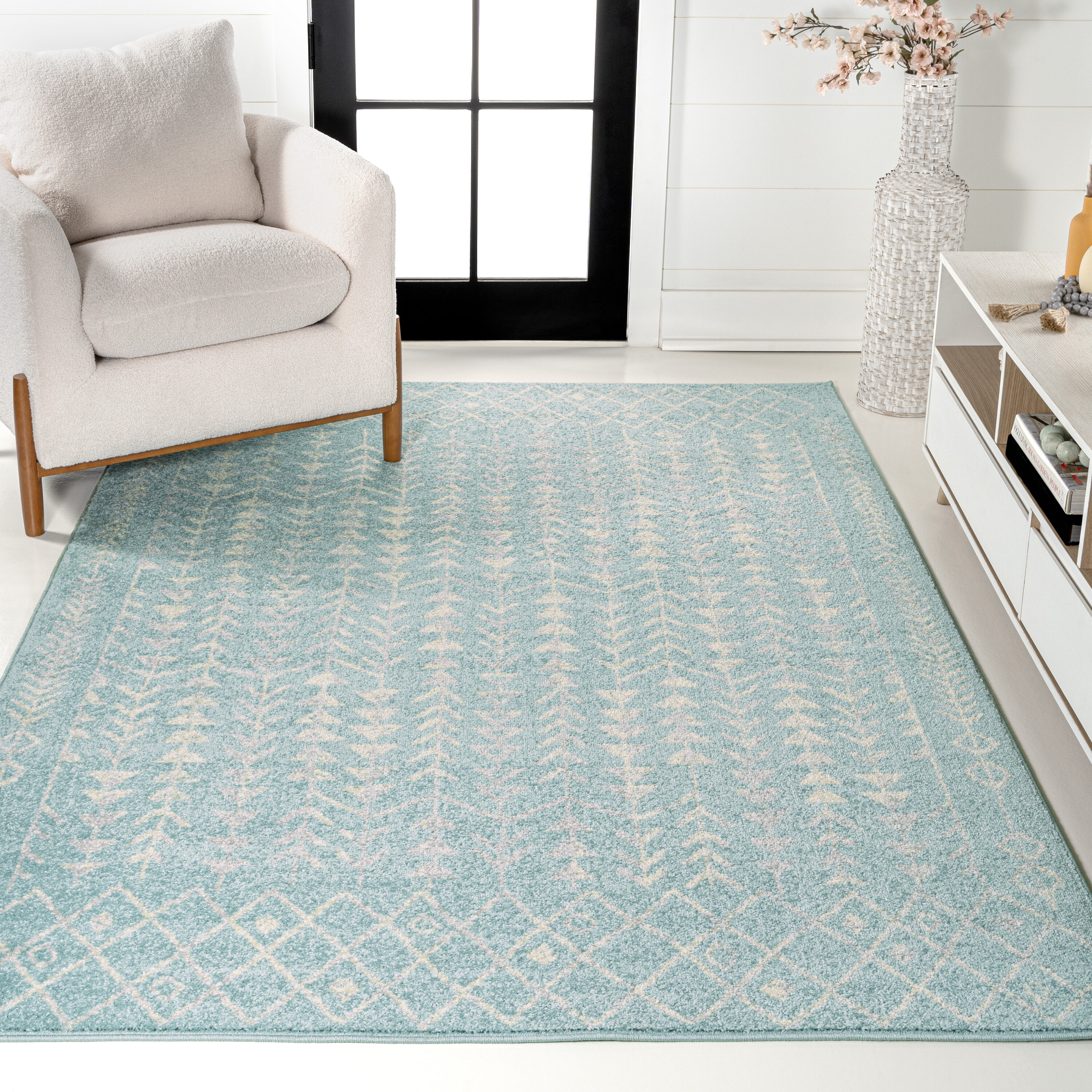 JONATHAN  Y MOH210E-4 4 x 6 (ft) Loomed Polypropylene Turquoise/Cream Rectangular Indoor Trellis Rustic Area rug