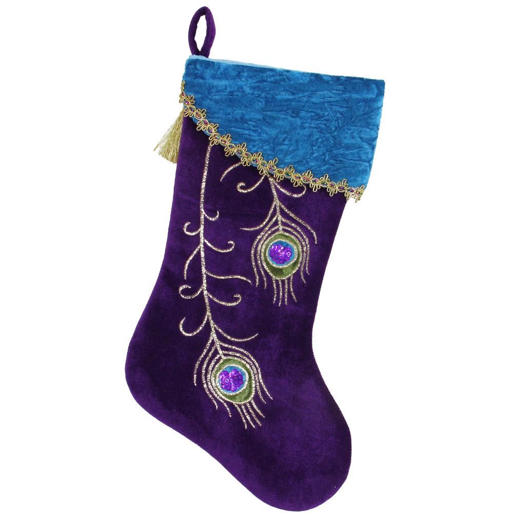 Northlight 32229857 19-in Purple Velvet Regal Peacock Embroidered Feather Christmas Stocking with Gold Tassel
