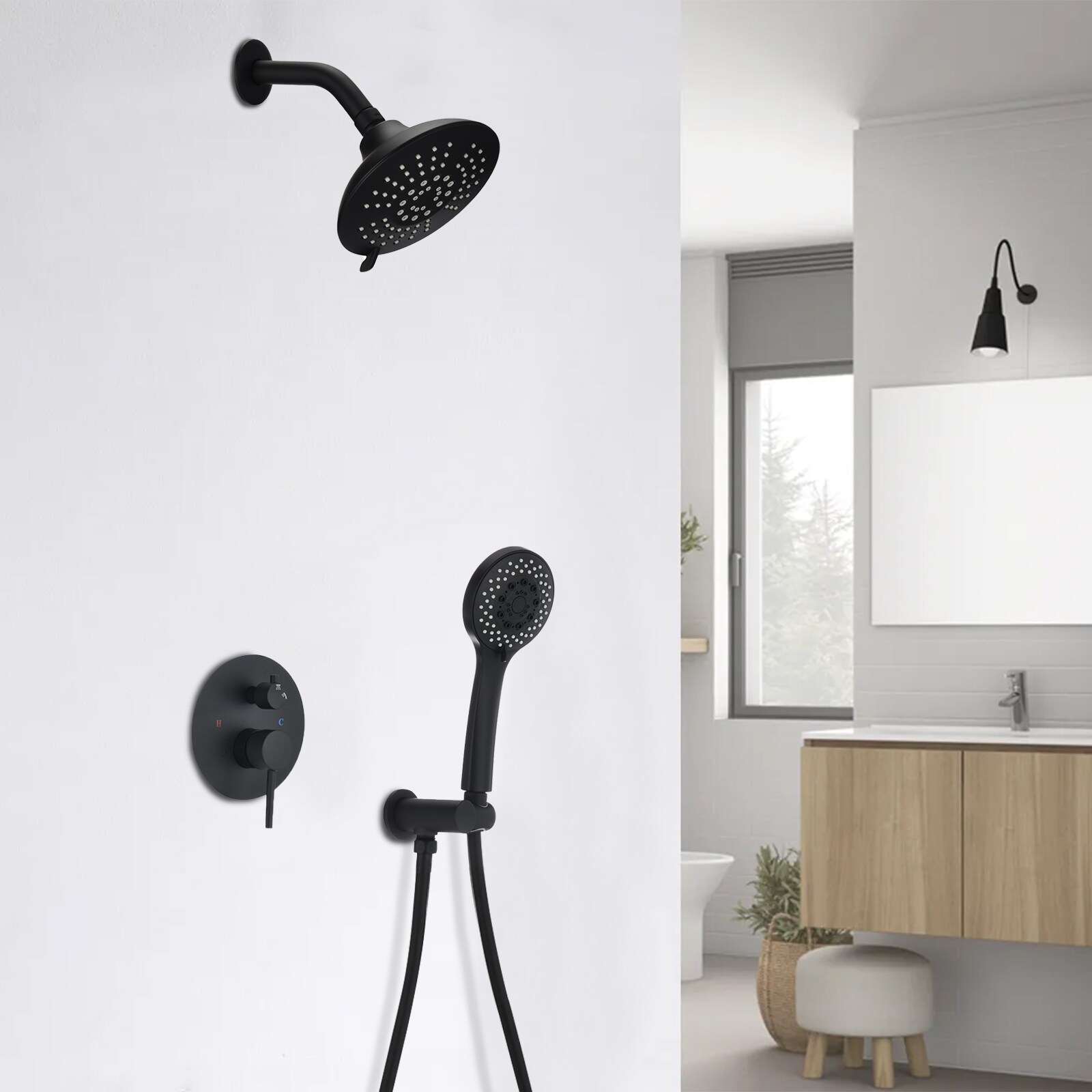 WELLFOR Concealed Valve Shower System Matte Black Dual Head Waterfall ...