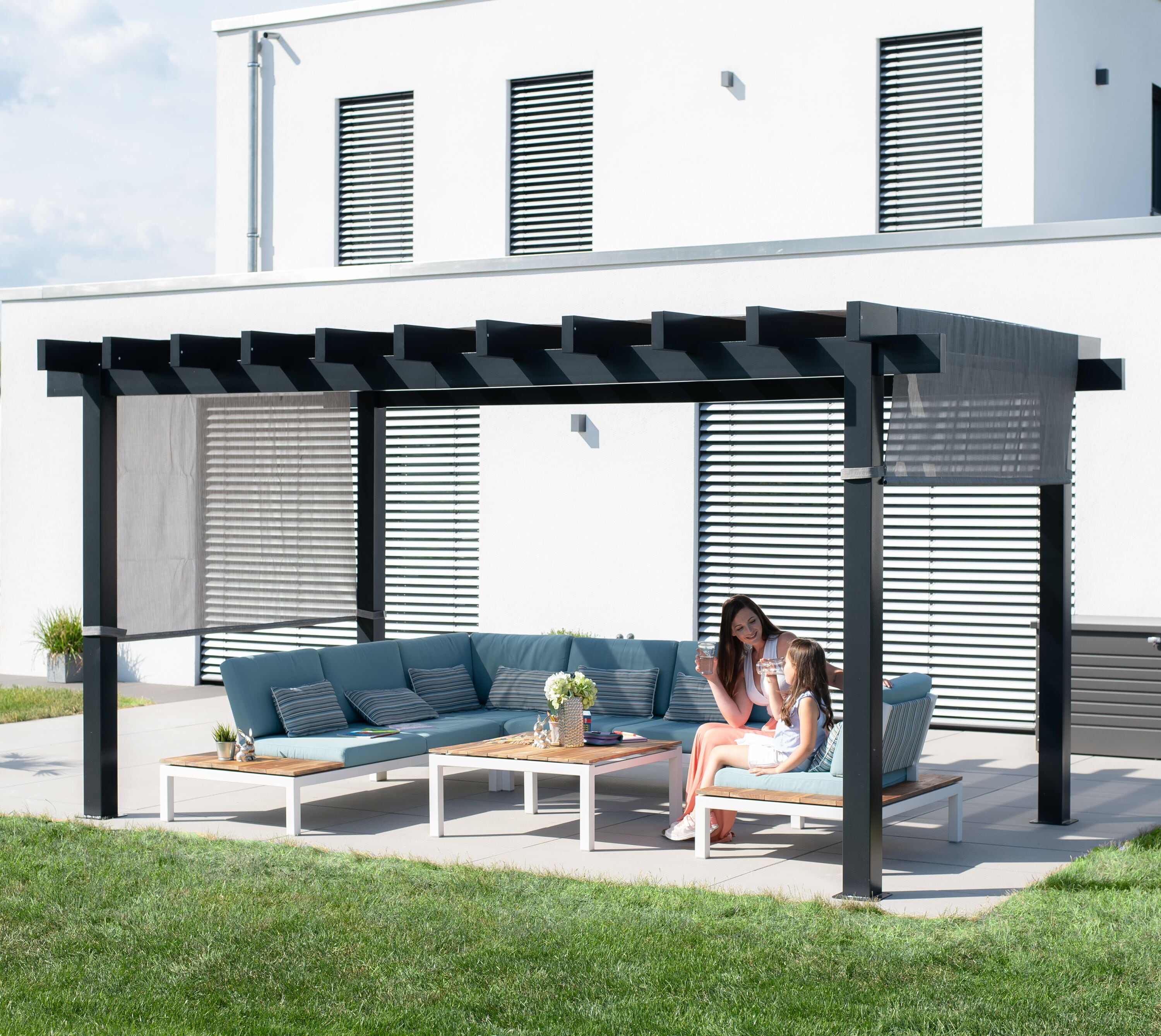 Yamba 10' x 16' Gray Aluminum Pergola with Fabric Canopy
