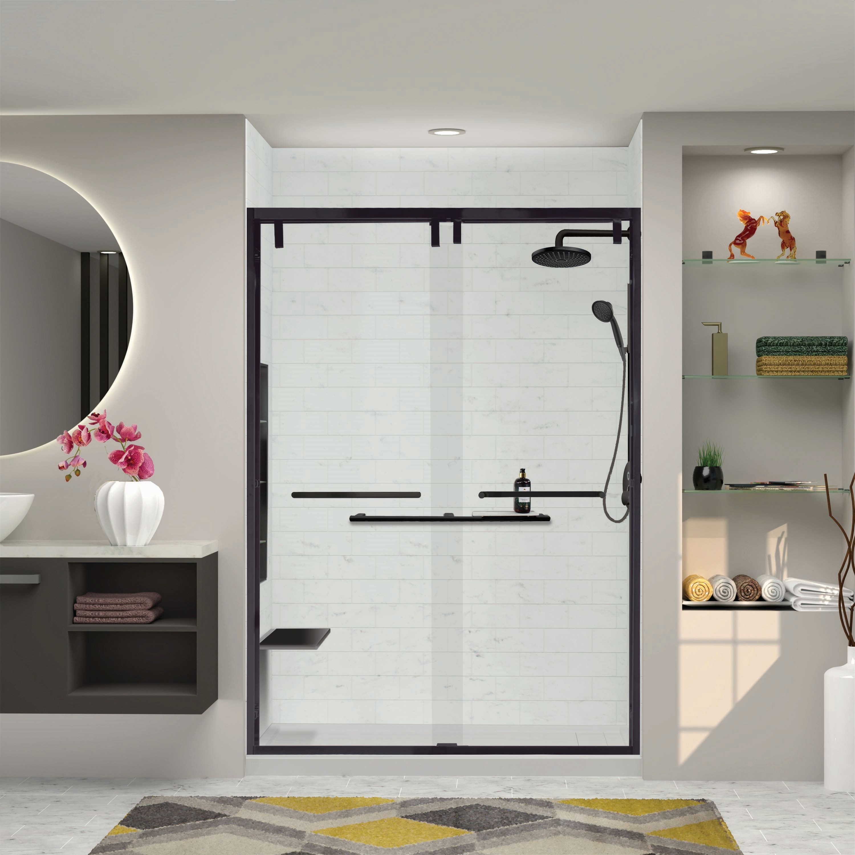 Transolid EBPT608010C-R-MB Eden Matte Black 56-in to 60-in W x 80-Inches H Semi-frameless Sliding Soft Close Shower door 3/8-in Thick Tempered Glass