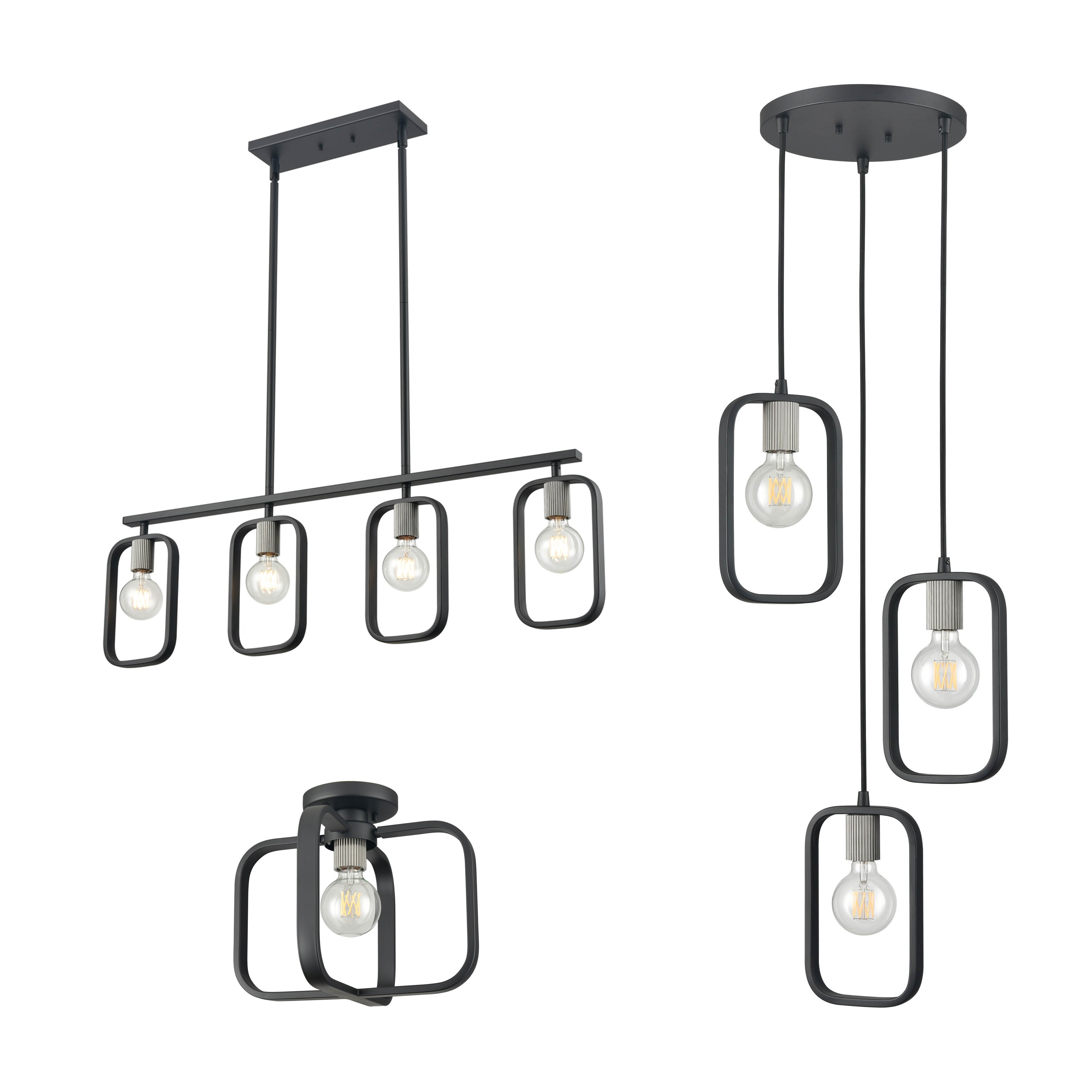 GE Glenwillow 3-Light Black Farmhouse Cage LED Chandelier + Light Bulbs