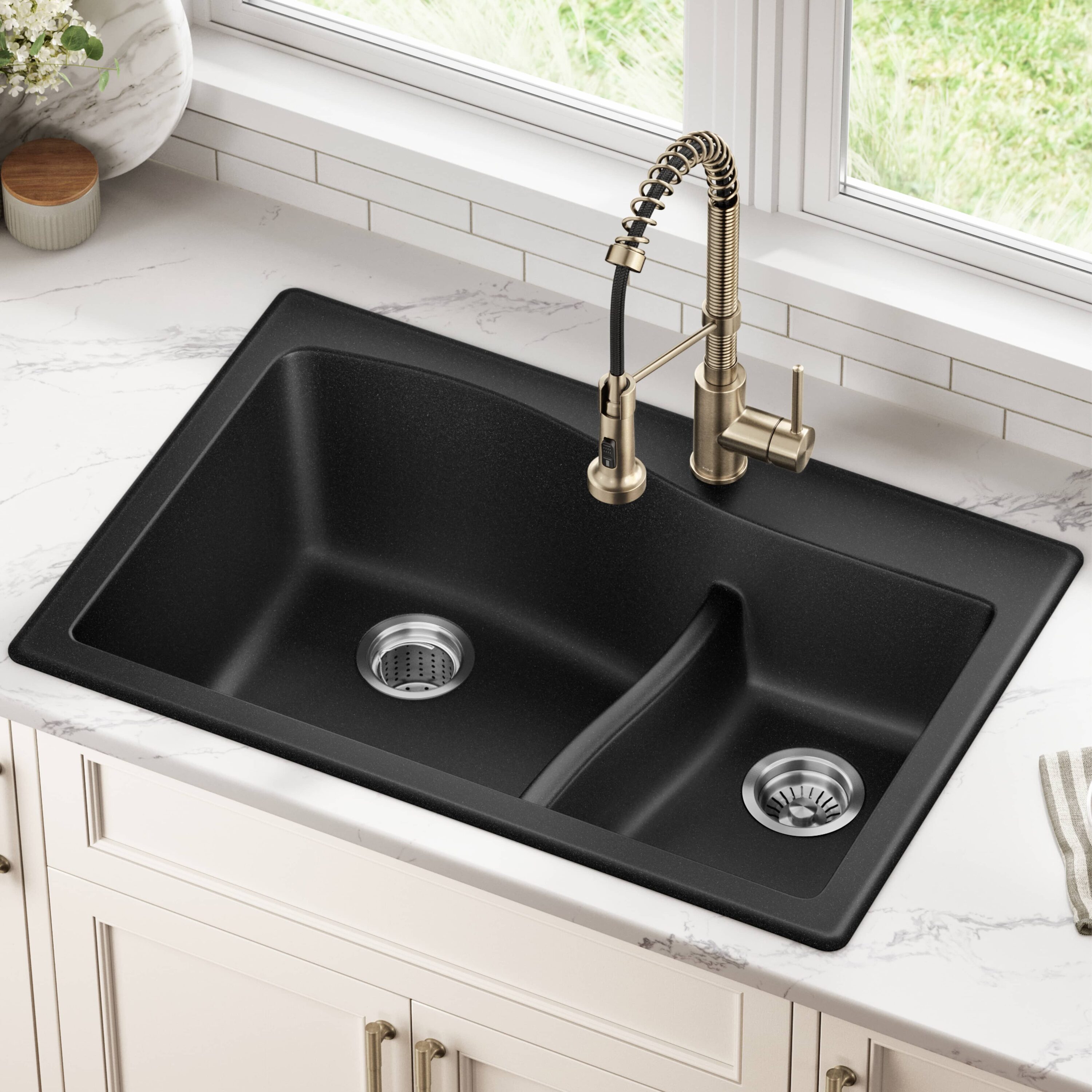 Kraus Quarza Dual-mount 33-in x 22-in Black Granite Double Offset Bowl 1-Hole Kitchen Sink