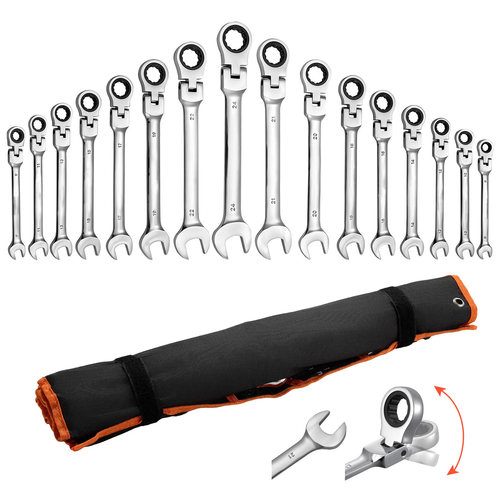 Mecale Flex-Head Ratcheting Wrench Set 30-Piece SAE and Metric 72-Tooth Cr-V Steel for Mechanics Silver #YAS-FMP0PA