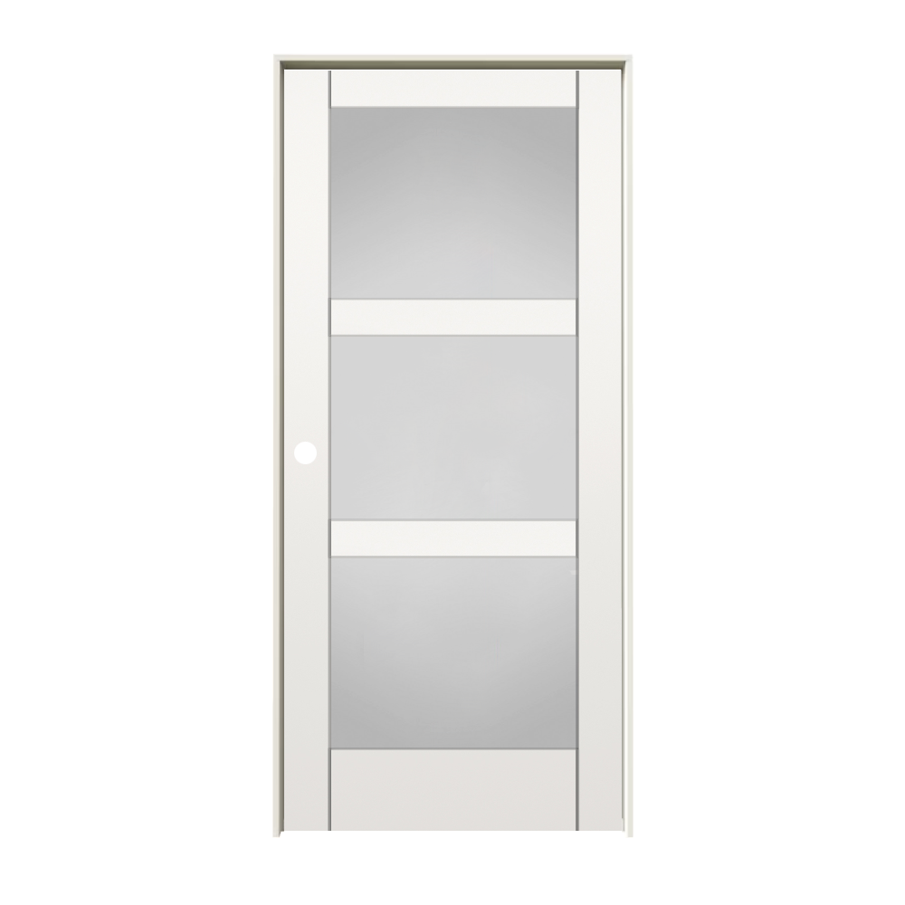 RELIABILT 10129412 32-in x 80-in primed Solid core 3-panel equal Frosted glass Right hand Smooth Primed MDF Flat Jamb Single Prehung Interior Door