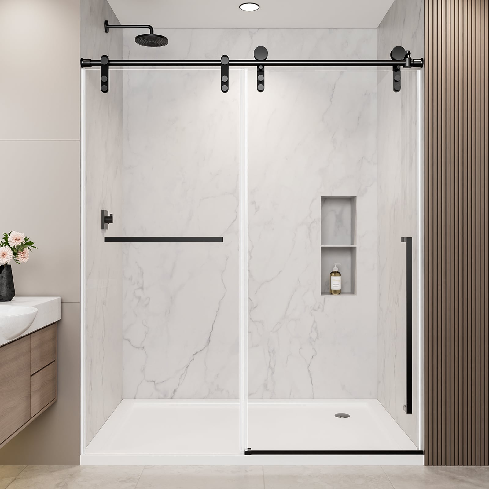 TcwVwc  Matte Black 56 in to 60 in W x 75 in H Frameless 5/16 in Tempered Glass with Safety Film Backing Soft Close Single Sliding Shower Door