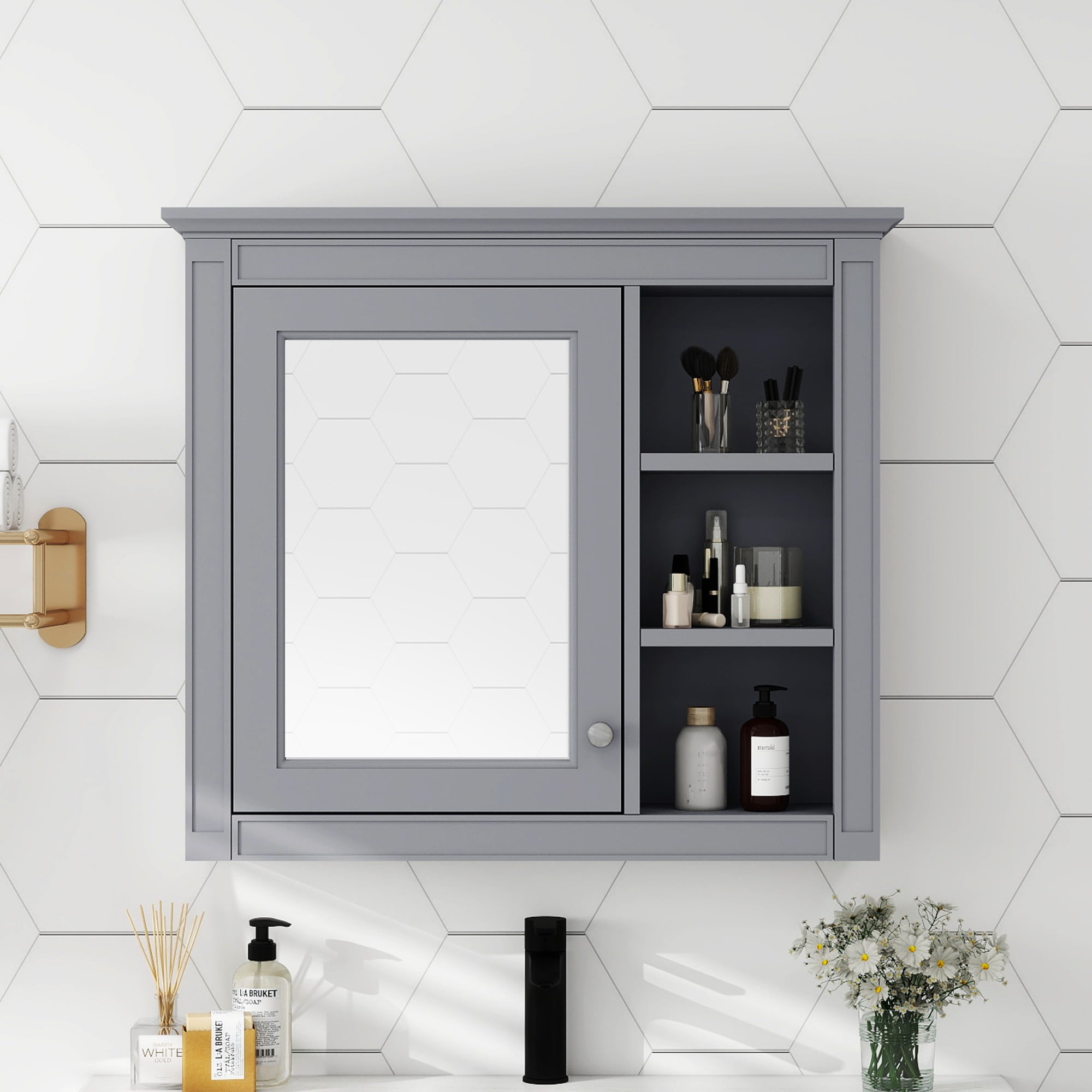 ToolCat BZ-2-119-JYG 30-in x 20-in Surface/Recessed Mount Grey Mirrored Rectangle Soft Close Medicine Cabinet
