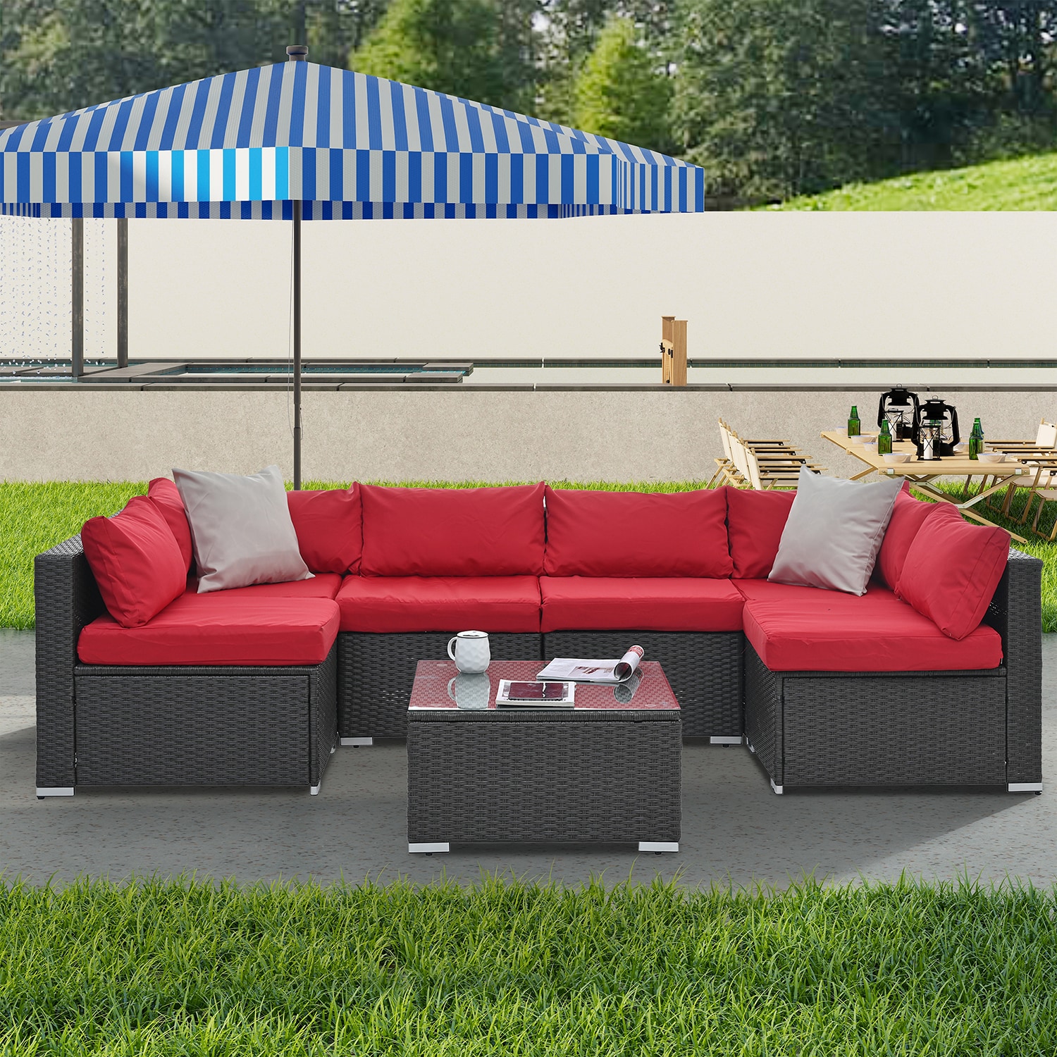 Bybafun Rattan Outdoor Sectional With Red Cushion(S) And Rattan Frame ...