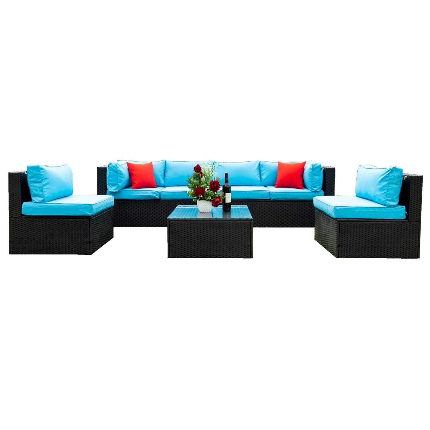 SINOFURN SYA100016BG Rattan Outdoor Sectional with Blue Cushions and Rattan Frame