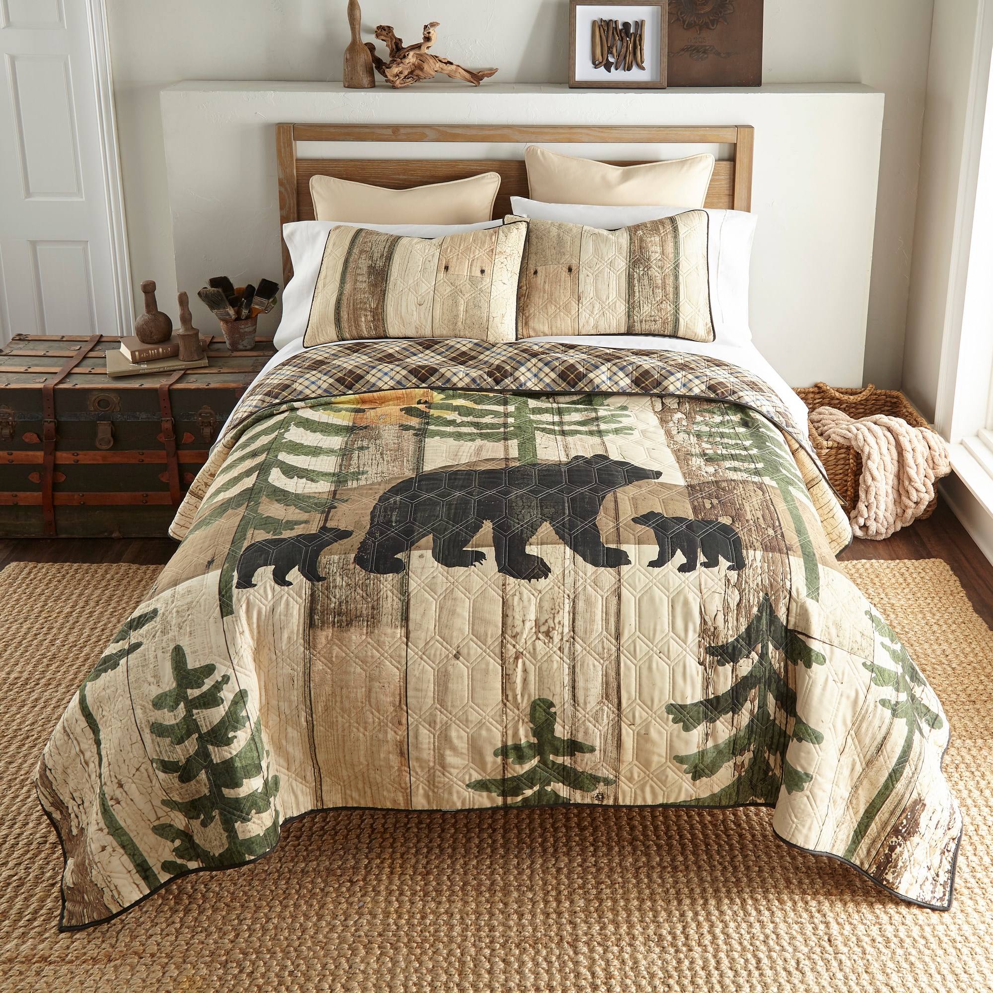 Rustic Black Bear and Plaid Reversible King Microfiber Quilt Set