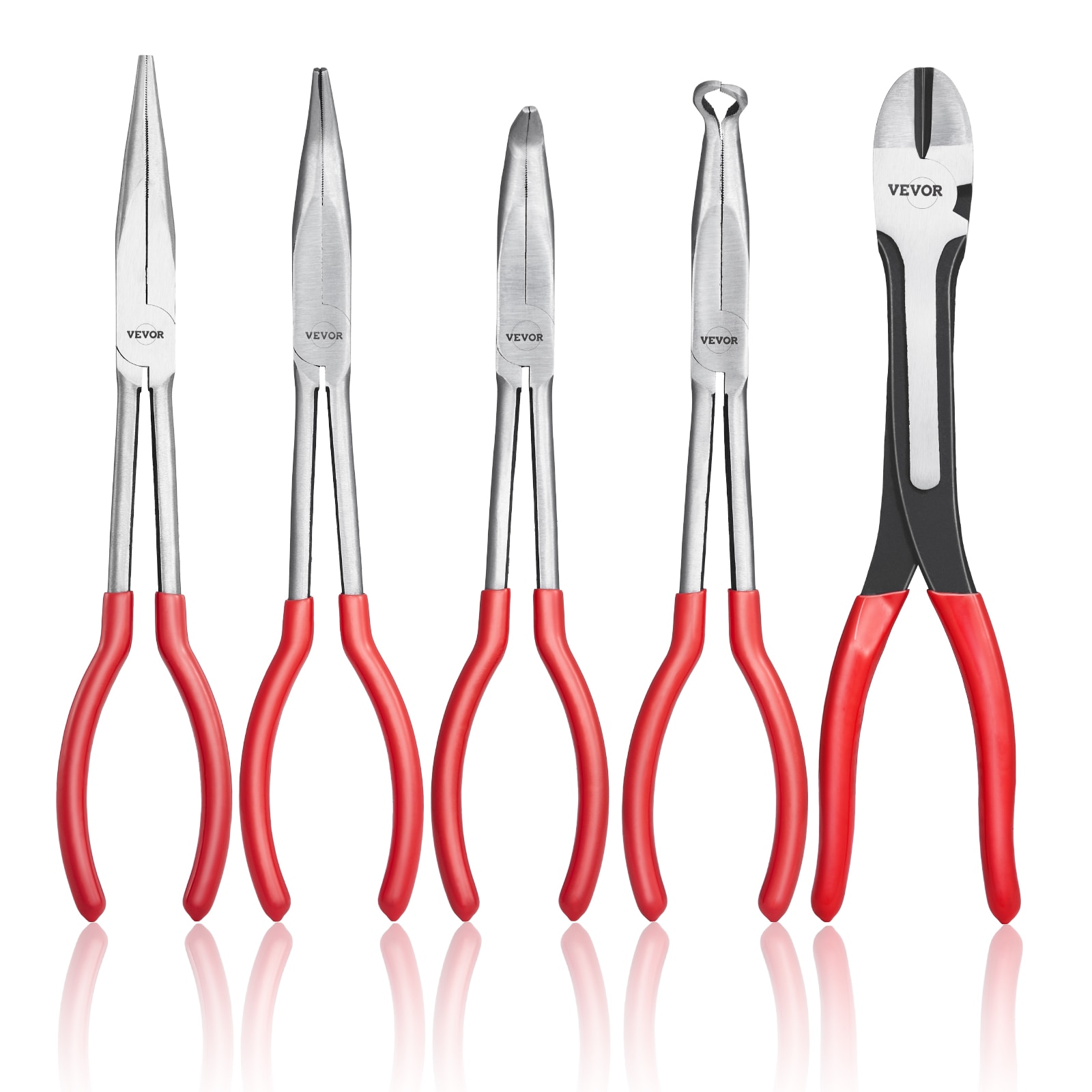 VEVOR 5-Piece Needle Nose Pliers  11 in Long Needle Nose Pliers Set  Diagonal Cutting Pliers  45°/ 90° Bent Nose Plier  Round Nose Plier  Long Nose Plier  Professional Pliers Set with Storage Bag
