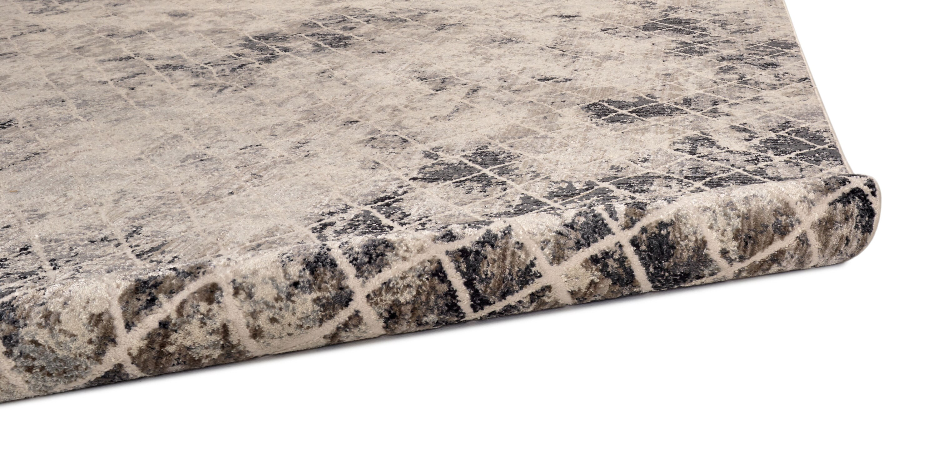 Ivory and Gray Distressed Diamond Pattern Rectangular Rug