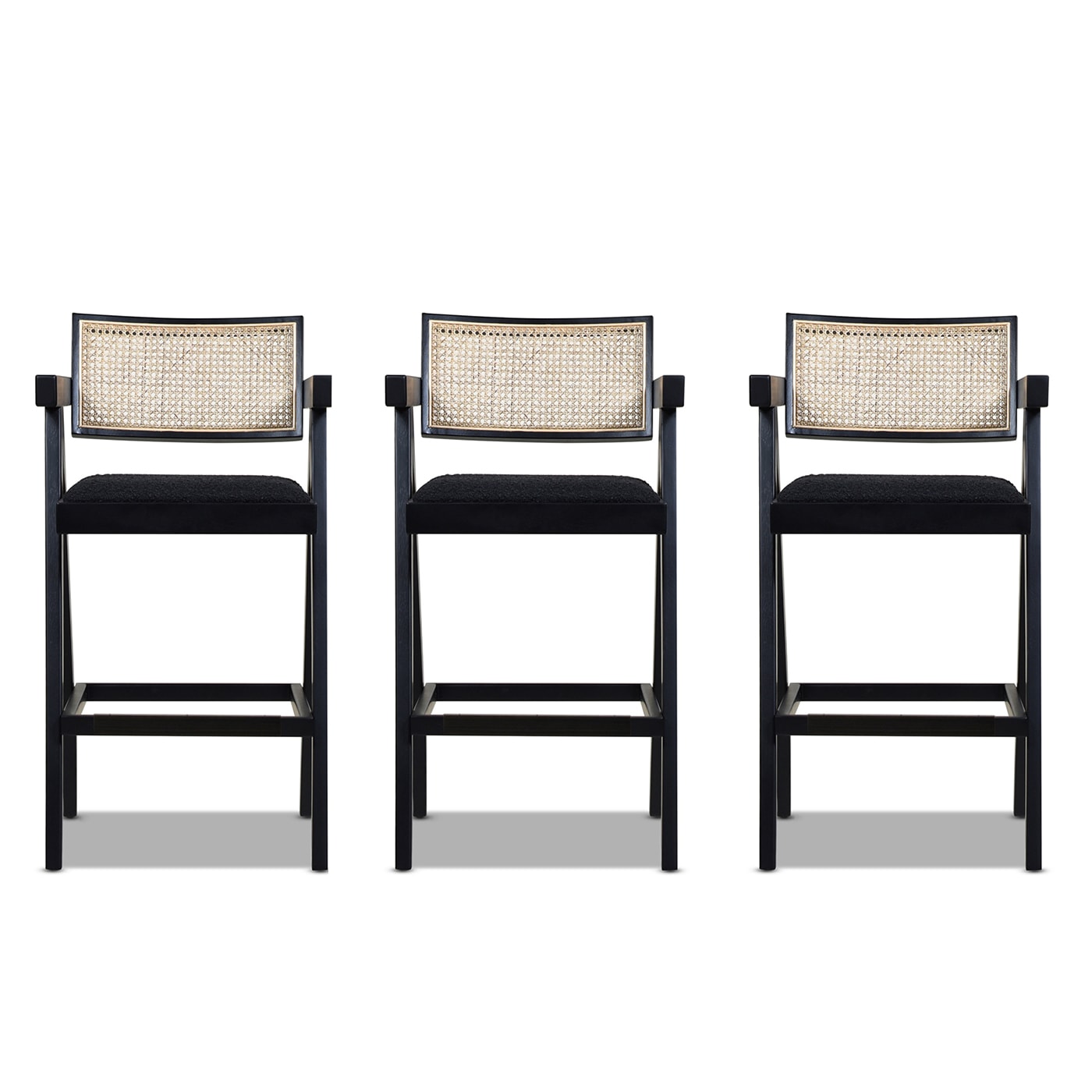 Milan Ebony Black Bouclé & Natural Wood Bar Stool Set of 3