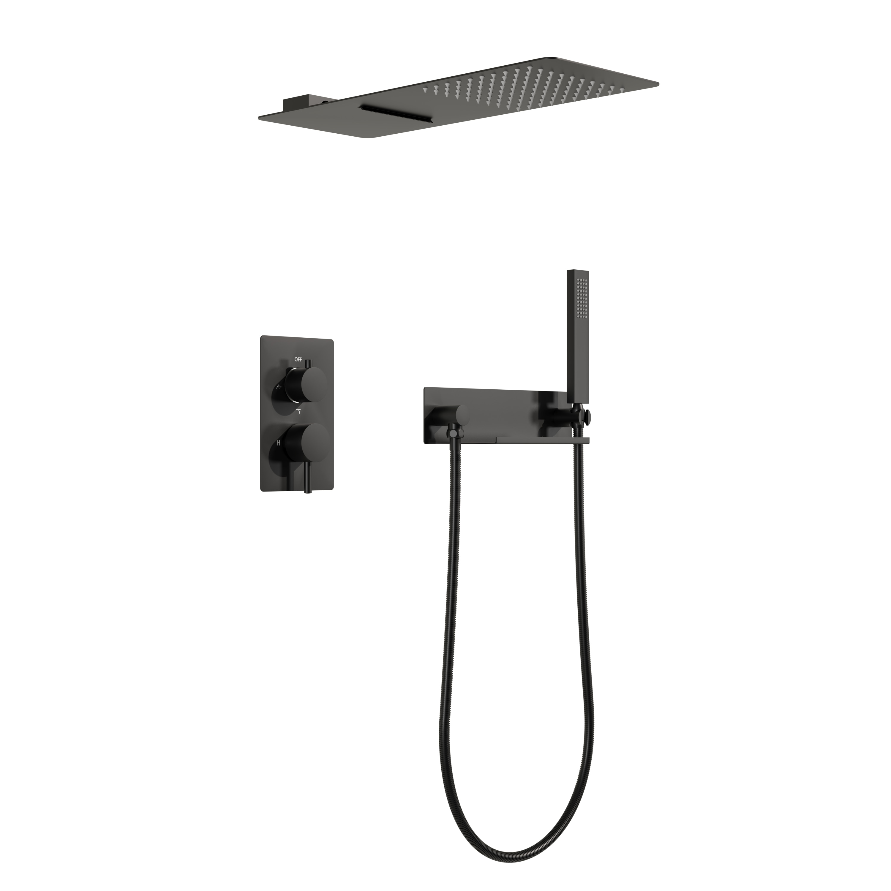WELLFOR SPA-88018B-10 ZQ Matte Black 20-in Waterfall Built-In Shower Faucet System with 3-way Diverter ( Pressure-balanced Valve Included )