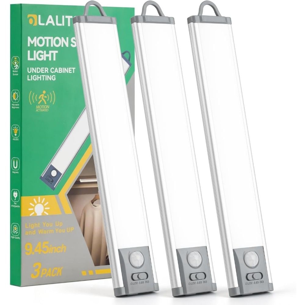 JUSJUBR 3-Pack 7.87 Inches Rechargeable Motion Sensor Under Counter Cabinet Light 30-LED 1000mAh Lighting for Kitchen Cabinet Wardrobe Laundry