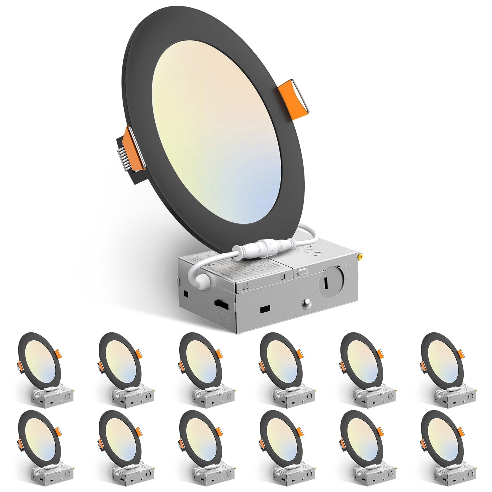 Oyezvary  12 Pack 6 Inch 5CCT Ultra Thin Canless LED Recessed Ceiling Light with J Box 2700K 3000K 3500K 4000K 5000K 1050LM 12W Dimmable Black