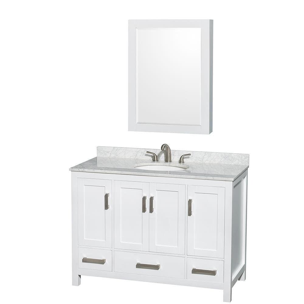 Wyndham Collection WCS141448SWHCMUNOMED Sheffield 48-in White Undermount Single Sink Bathroom Vanity with White Carrara Natural Marble Top (Mirror Included)