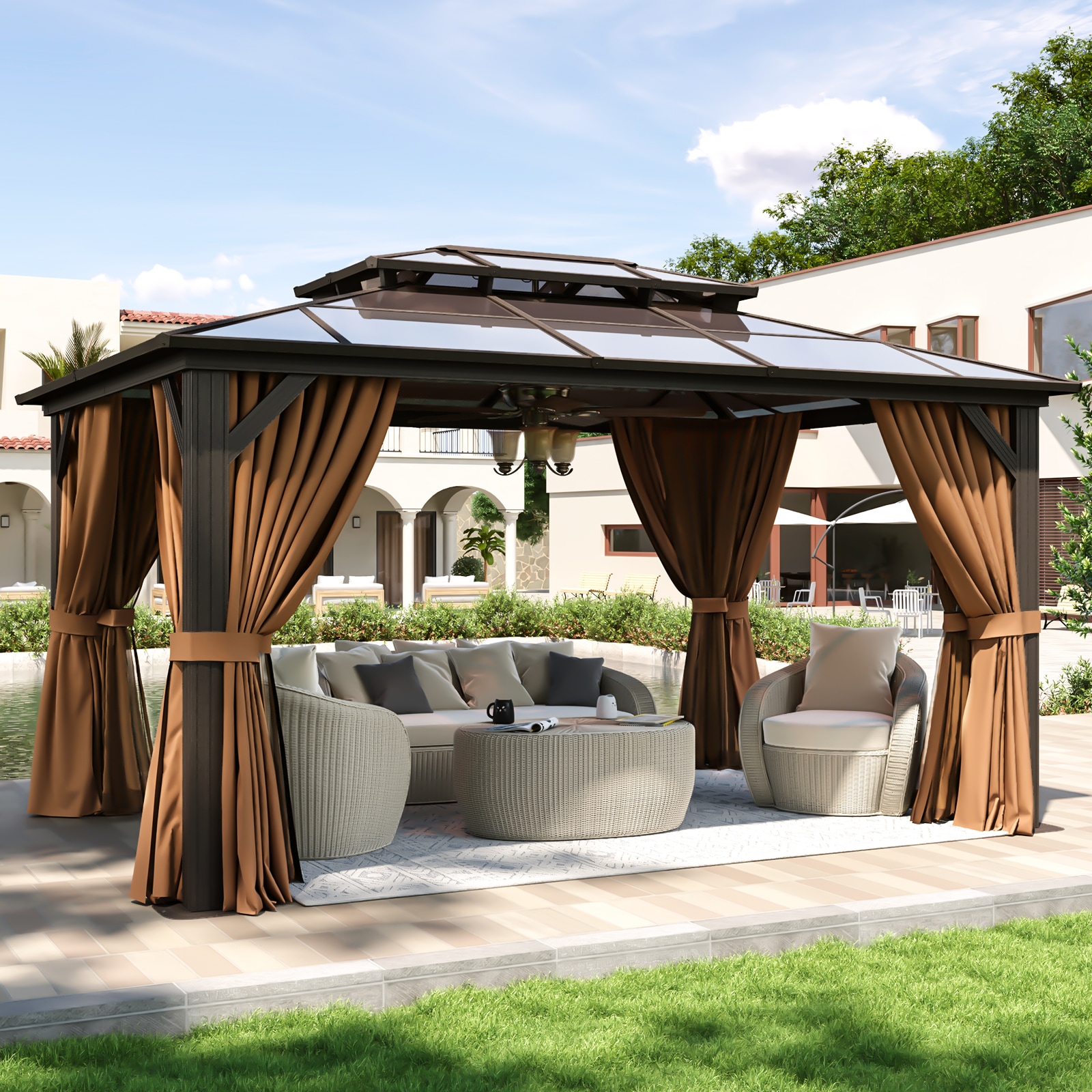 AOXUN AX-401B14 14-ft x 10-ft Outdoor Gazebos Brown Gazebo with Hardtop Roof (Screen Included)