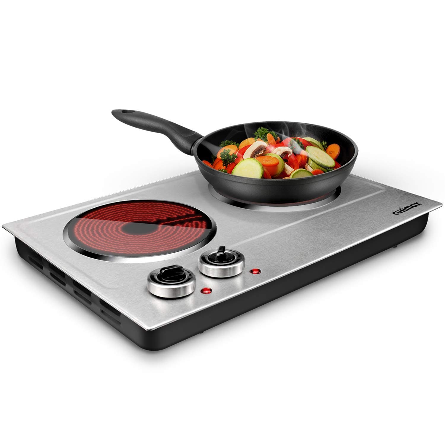 CUSIMAX 1800W Double Hot Plate for Cooking Double Burners Electric  Countertop Burner Cast Iron Hot Plates Cooktop Stainless Steel Silver