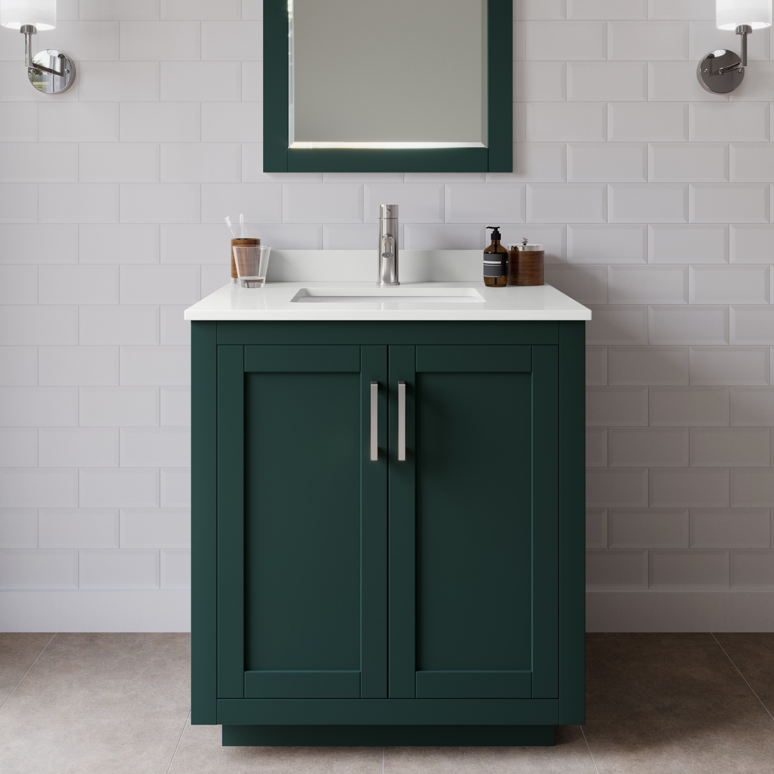 Wyndham Collection WCF292930SGEWQUNSM24 Miranda 30-in Green Undermount Single Sink Bathroom Vanity with White Quartz Top (Mirror Included)