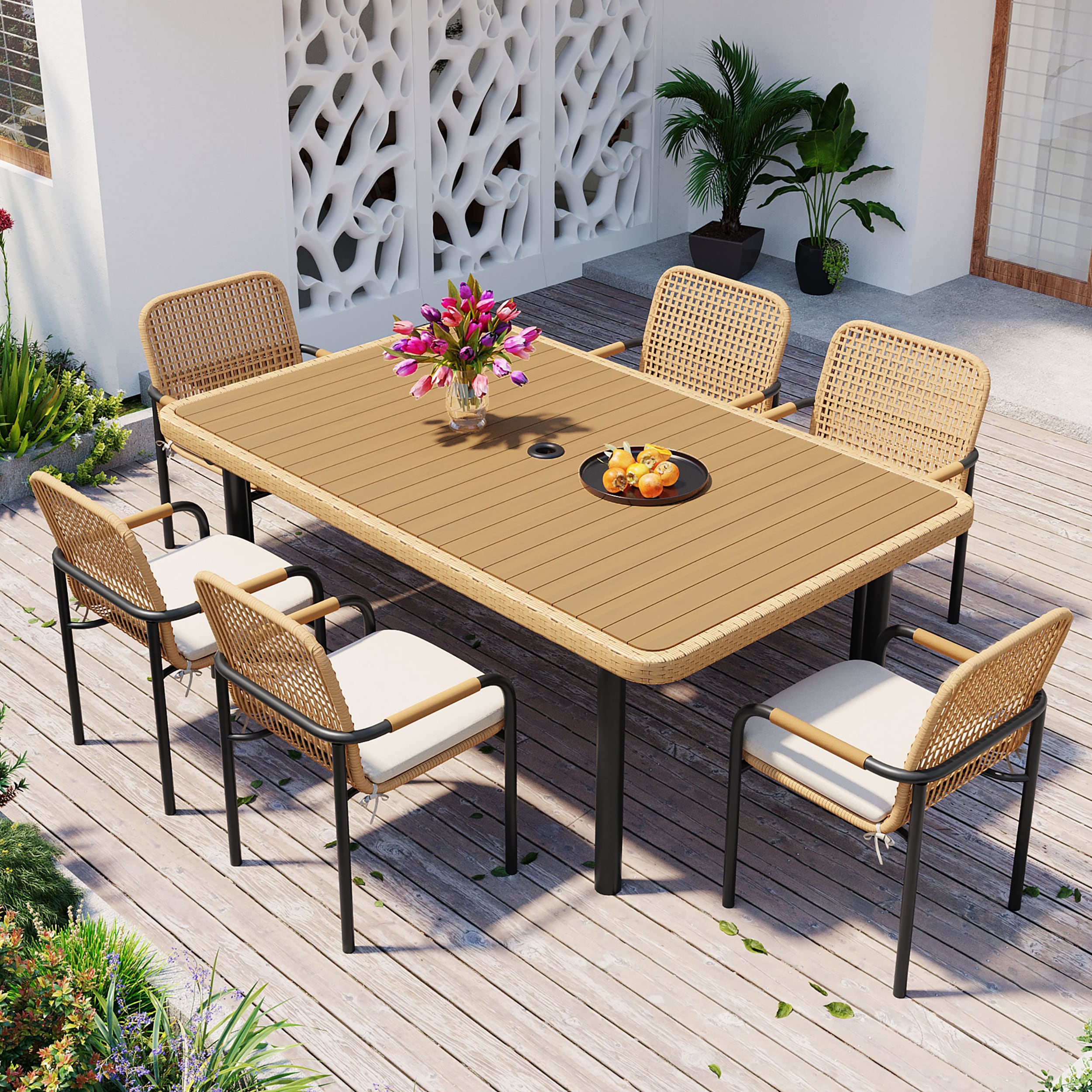 Moda Furnishings MDFF201209AAD 7 -Piece Brown Wicker Patio Dining Set Wood Rectangle Table with 6 Beige Cushions Stationary Chairs