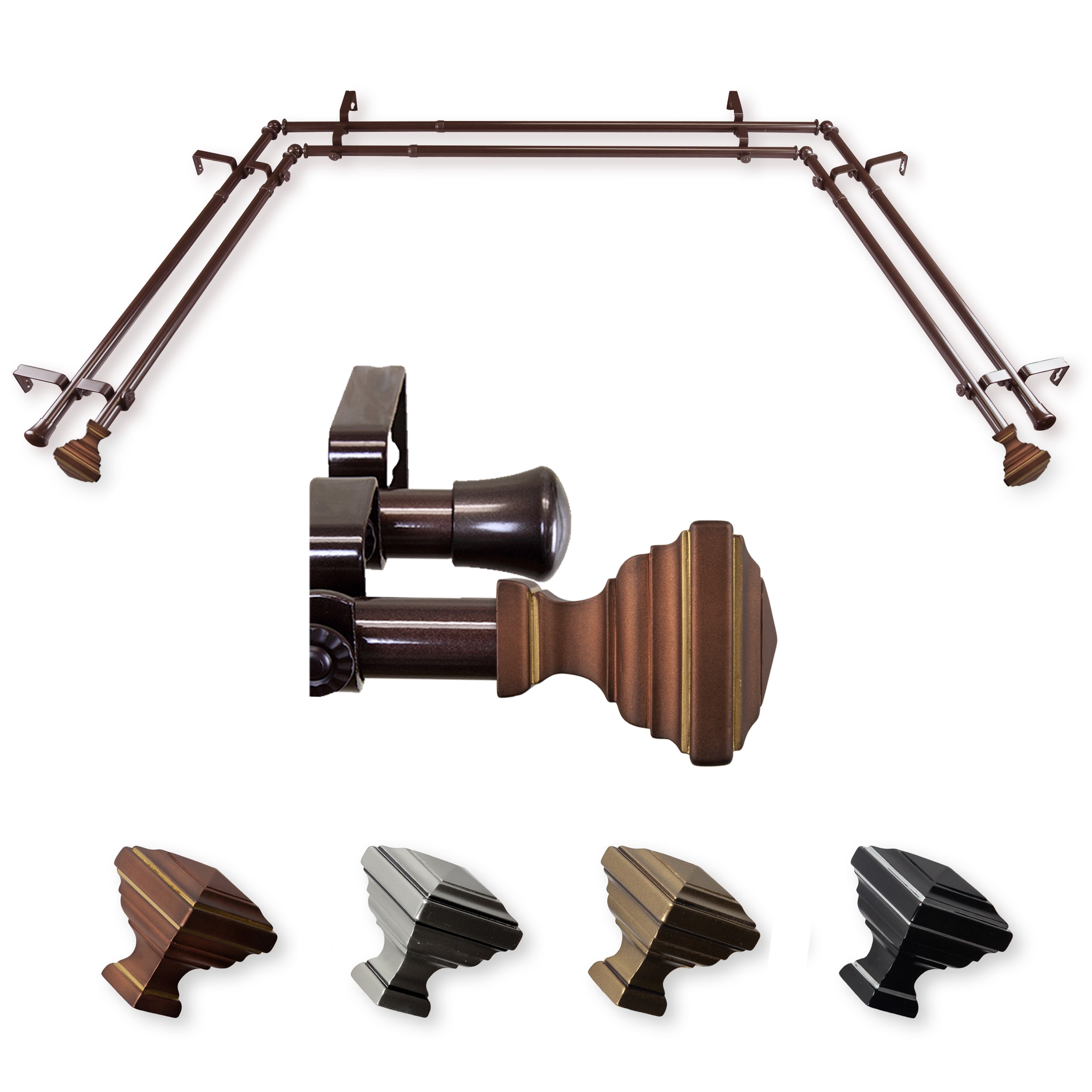 Hart & Harlow L-ABAY-81-7D Dora 13/16-in Double 38-in to 72-in Cocoa Steel Bay window curtain rod with Finials