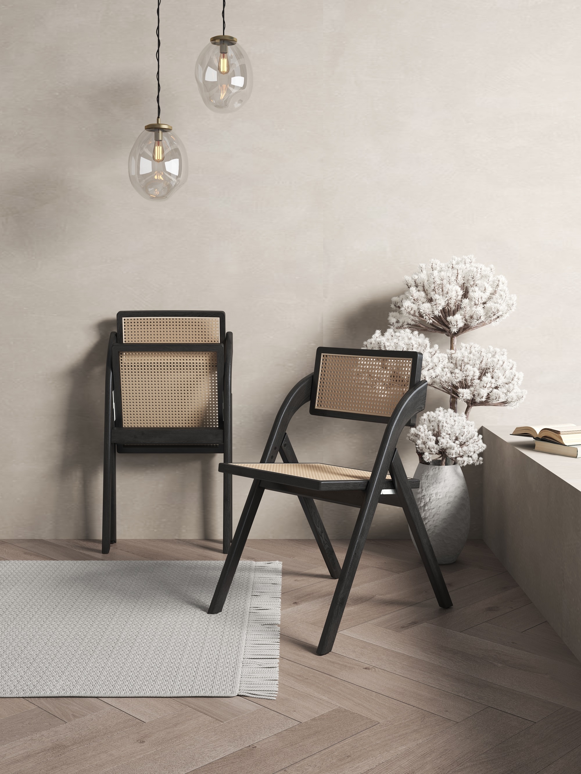 Sleek Black and Natural Cane Folding Side Chair Set