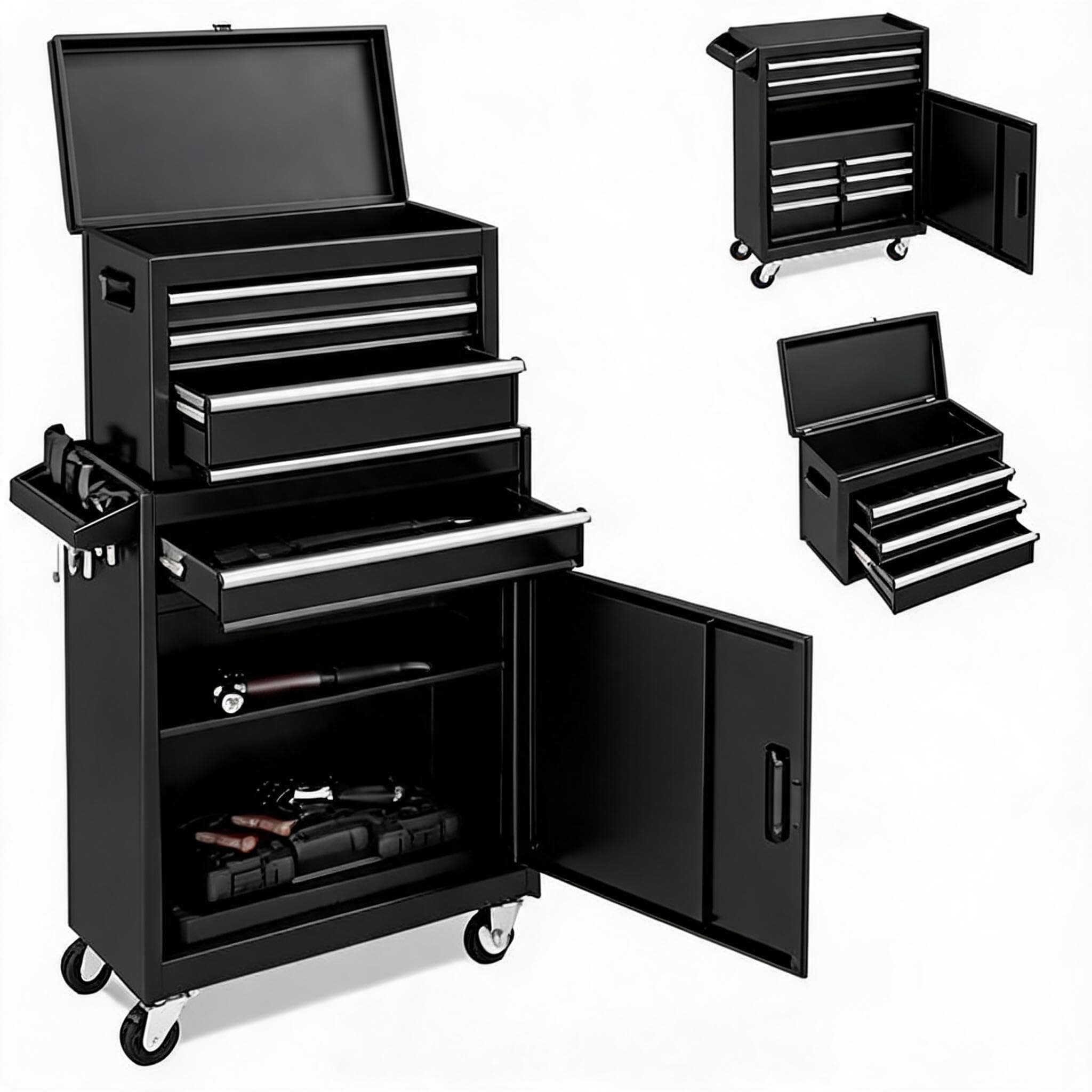 Garvee Heavy Duty Rolling Tool Chest Cabinet for Garage Workshop 4 Sliding Drawers Metal Storage Organizer Mobile Box with 3 Inch Wheels Side Handle Black