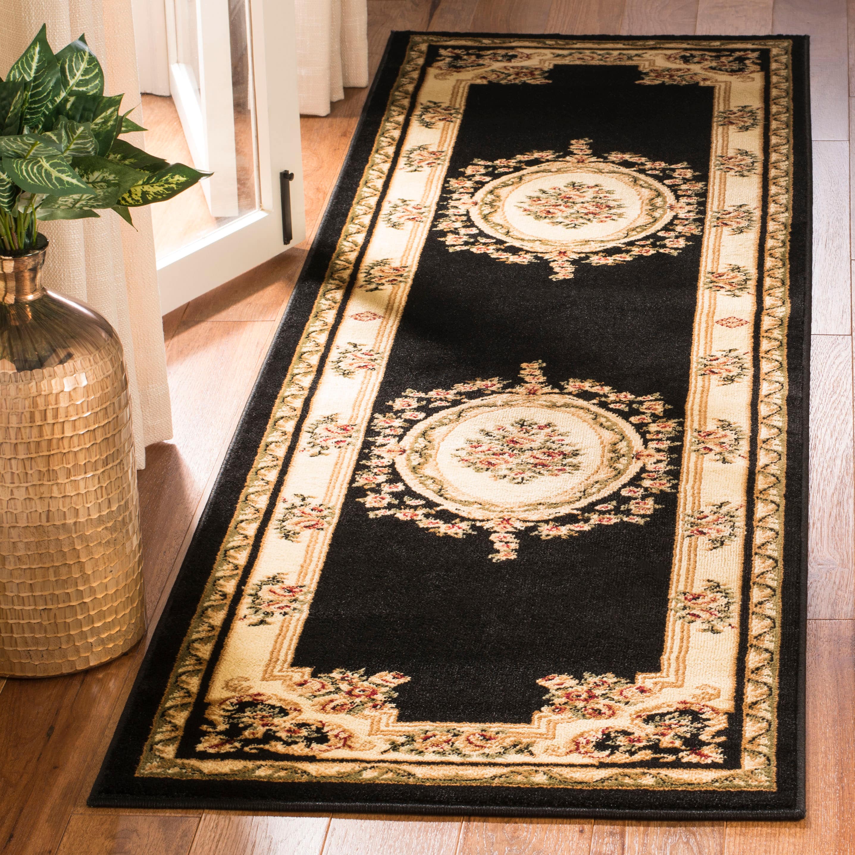 Safavieh LNH218A-28 Lyndhurst Medallion Tabriz 2 x 8 (ft) Loomed Polypropylene Black/Ivory Rectangular Indoor Floral/Botanical Oriental Runner rug
