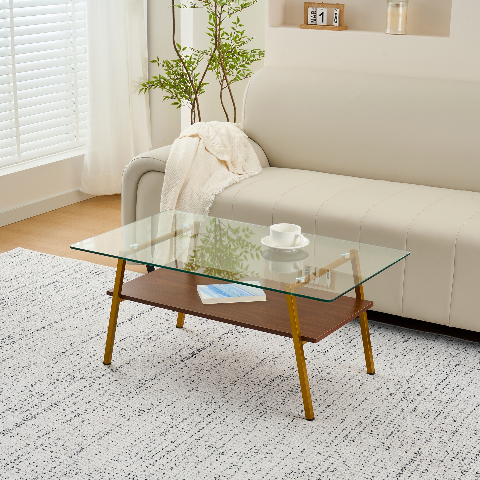 Tatayosi XJ Rectangle Coffee Table Tempered Glass Tabletop with Gold ...