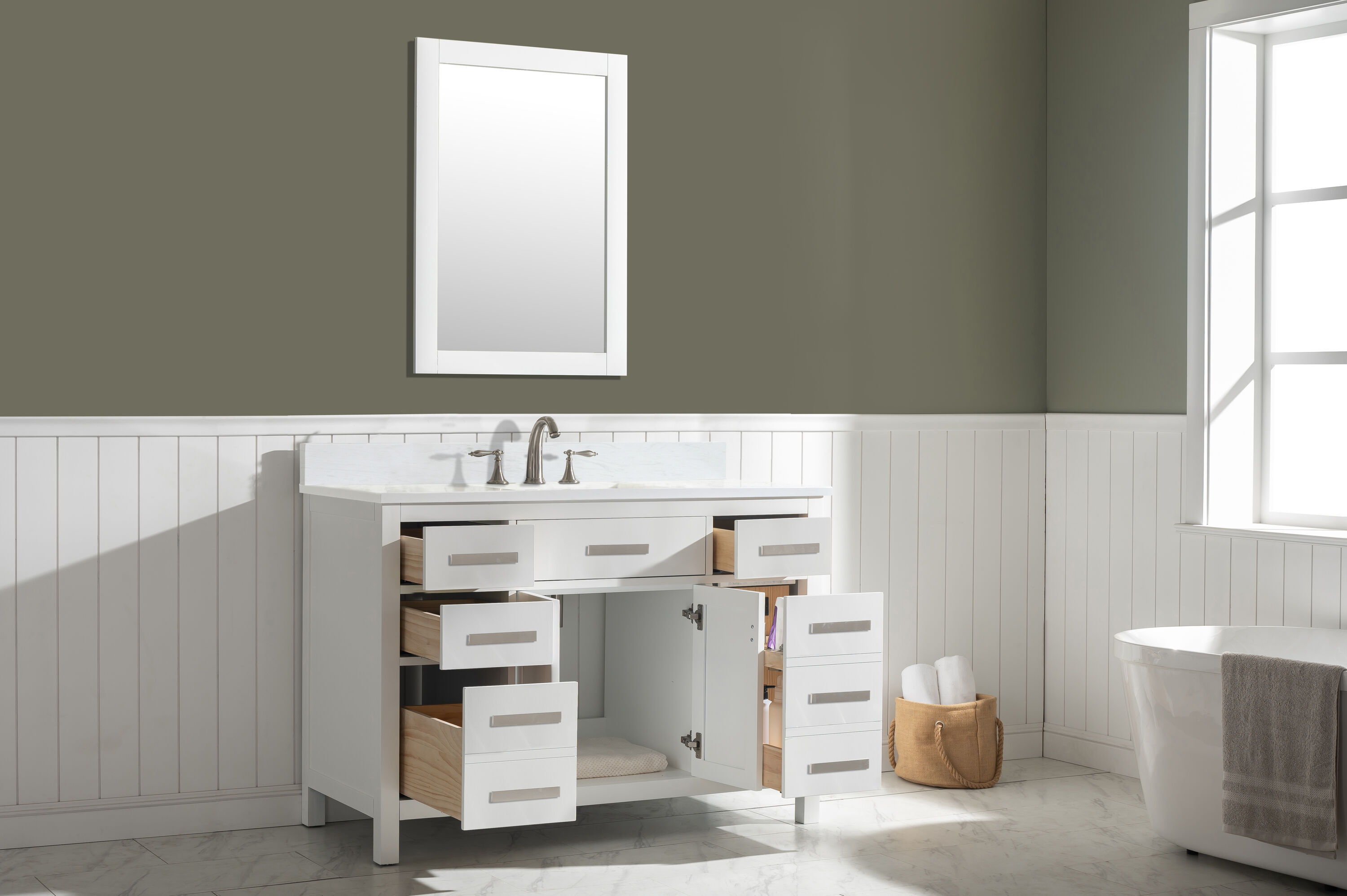 White Quartz Freestanding Single Vanity with Porcelain Sink