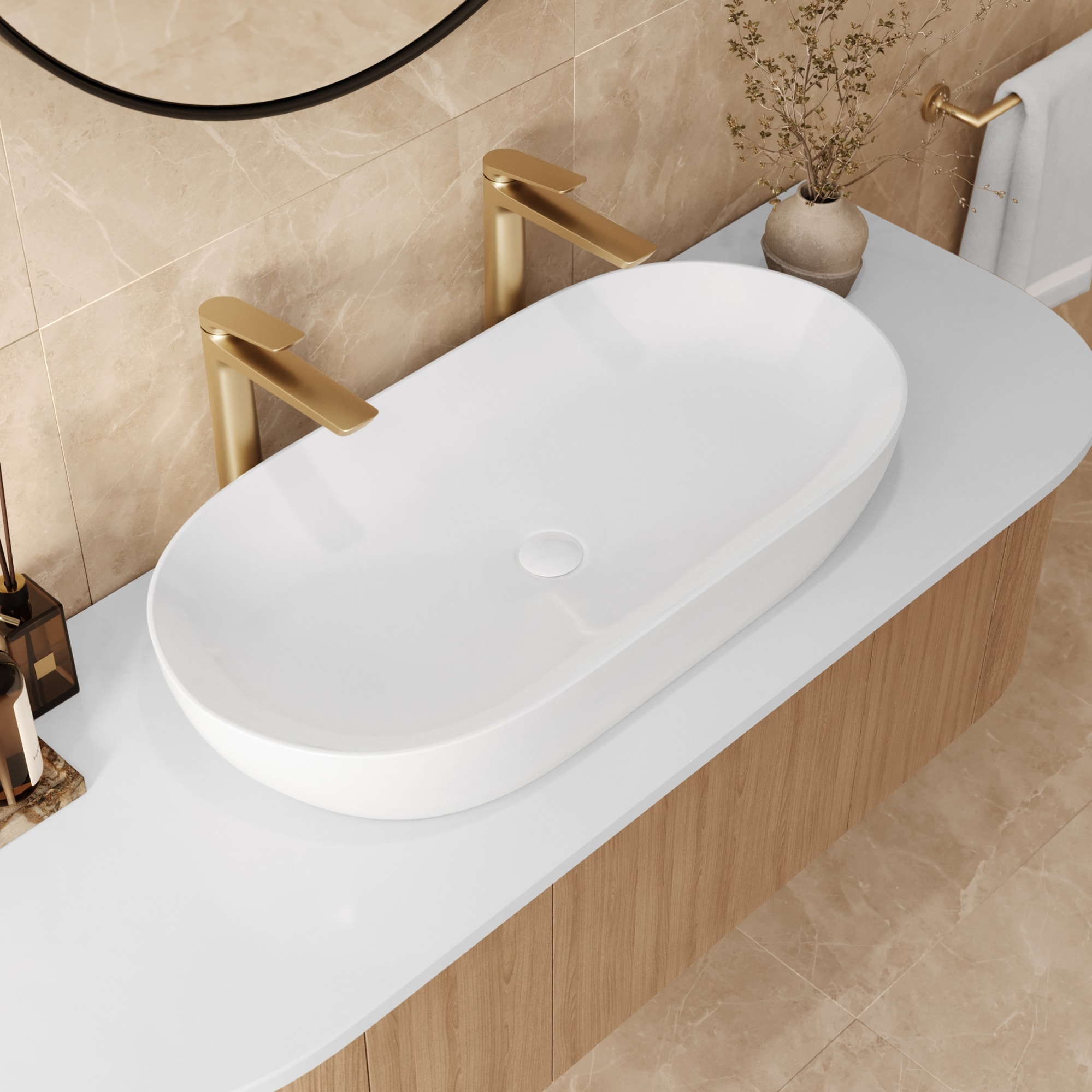 Ruvati Vista Ceramic Vessel Oval Modern White Bathroom Sink (13.75-in)