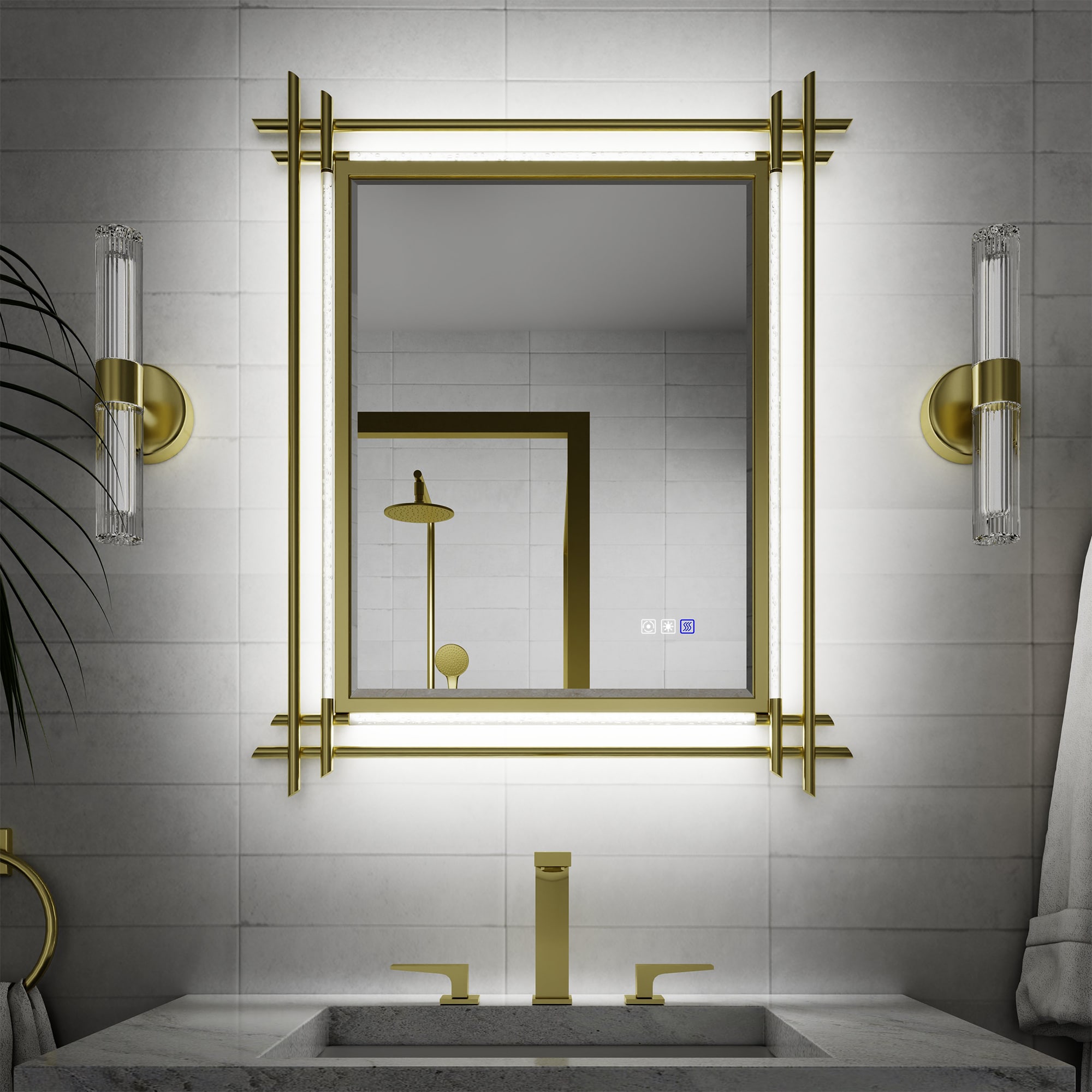 ExBrite EXBM3036V13GXX Lustra 30-in x 36-in Beveled Rectangle Dimmable LED Lighted Fog Free Bathroom Vanity Mirror ( Gold )