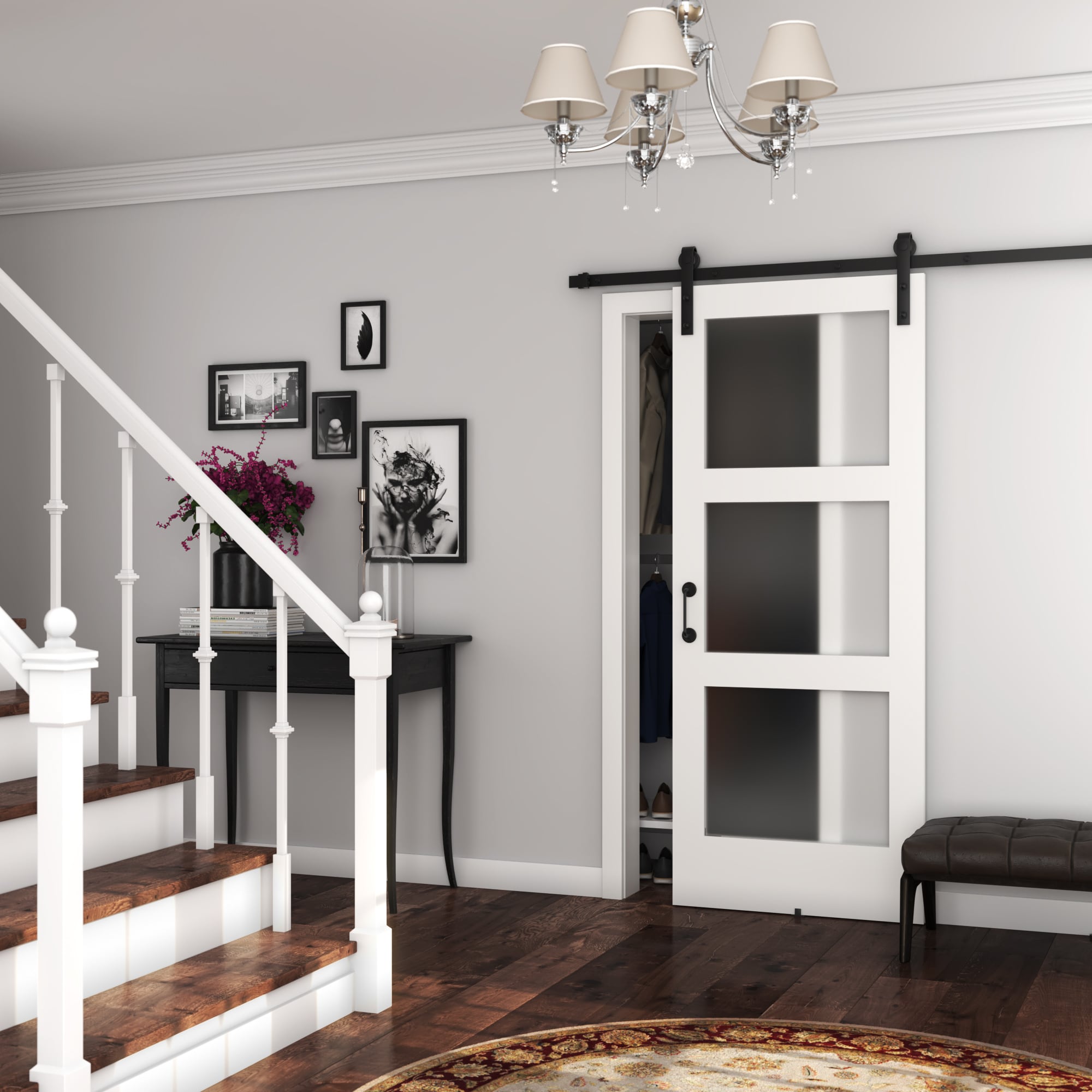 EightDoors White Finished Frosted Glass Pine Wood Single Barn Door (Hardware Not Included)