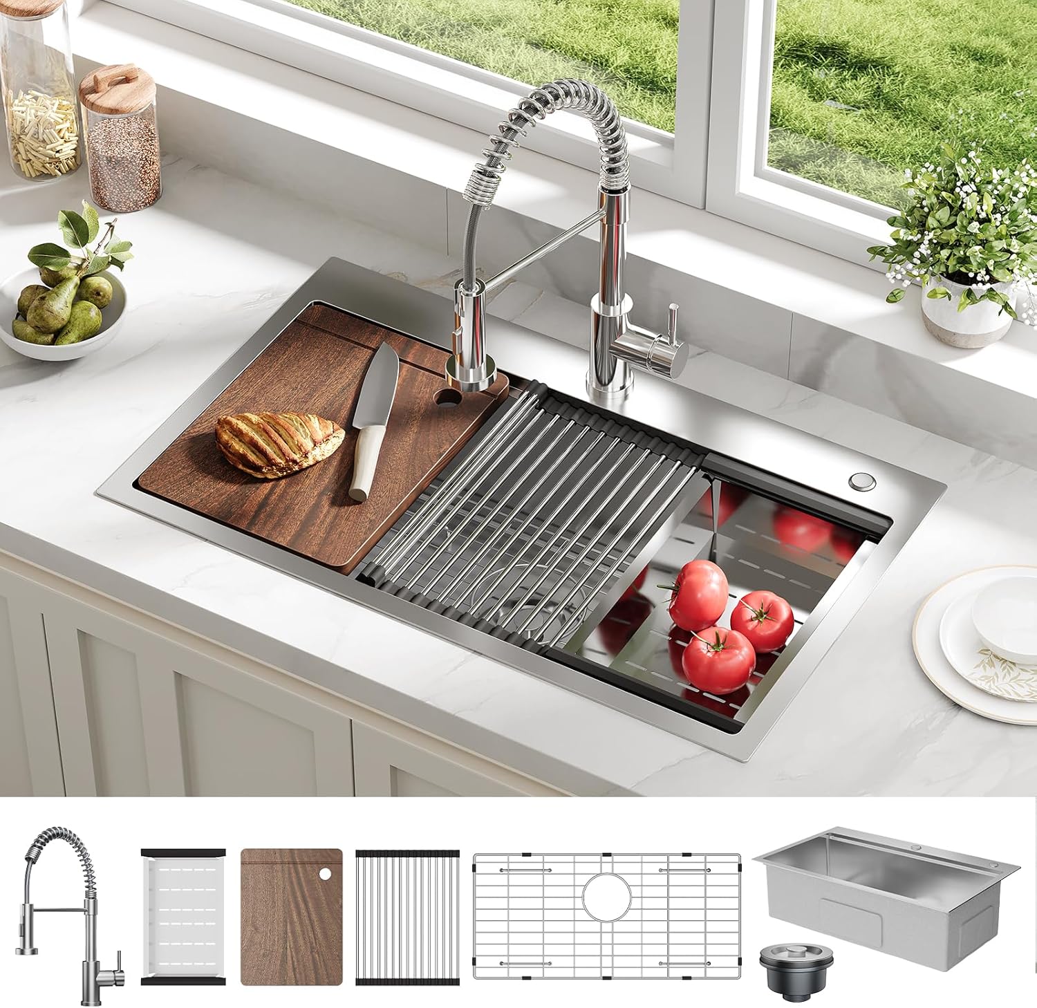 IdealHouse Drop in Kitchen Sink with Pull Down Spring Faucet 30x18x9 Inch Stainless Steel Single Bowl Workstation Sink with Accessories for Kitchen Silver