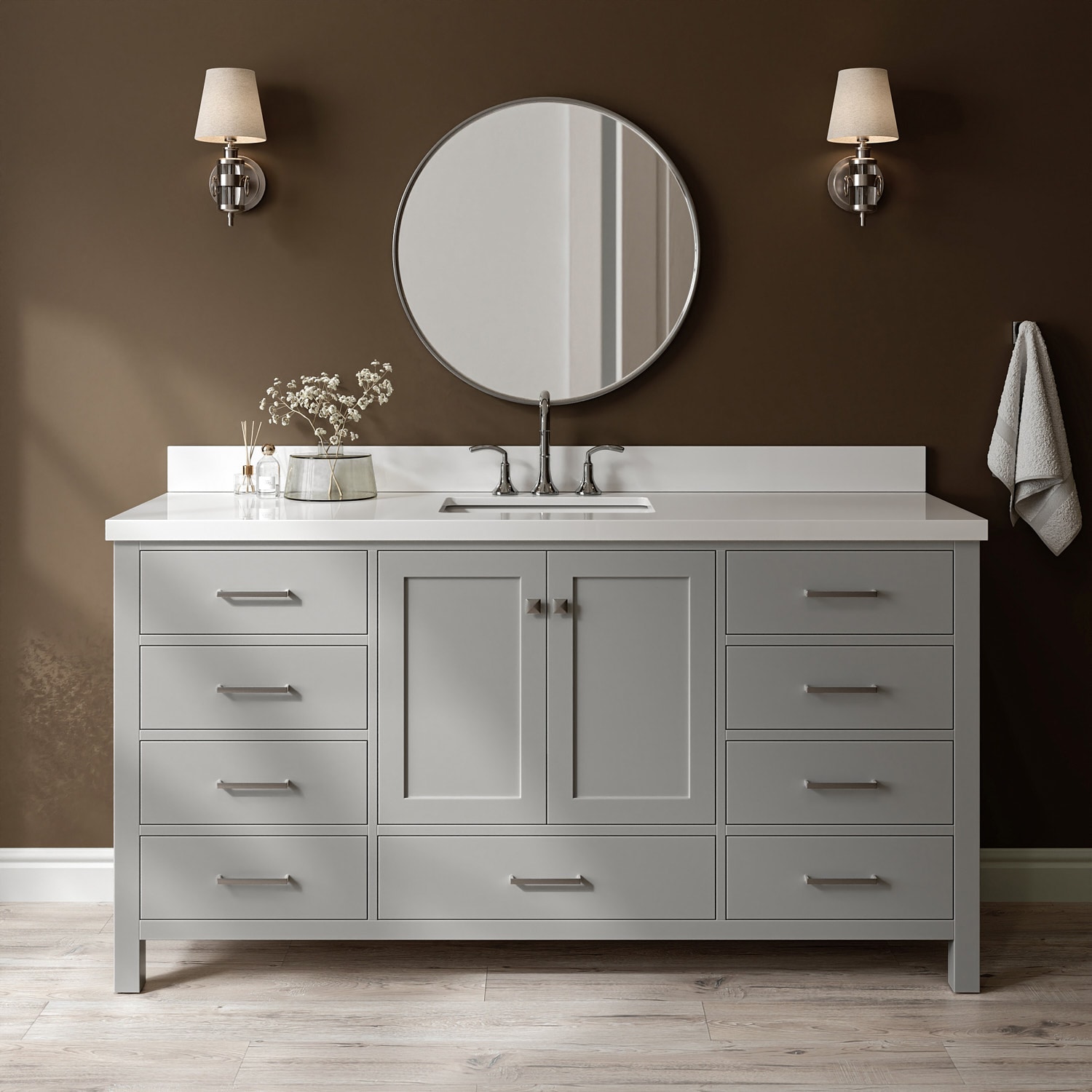 ARIEL A067SWQRVOGRY Cambridge 67-in Gray Undermount Single Sink Bathroom Vanity with Pure White Quartz Quartz Top
