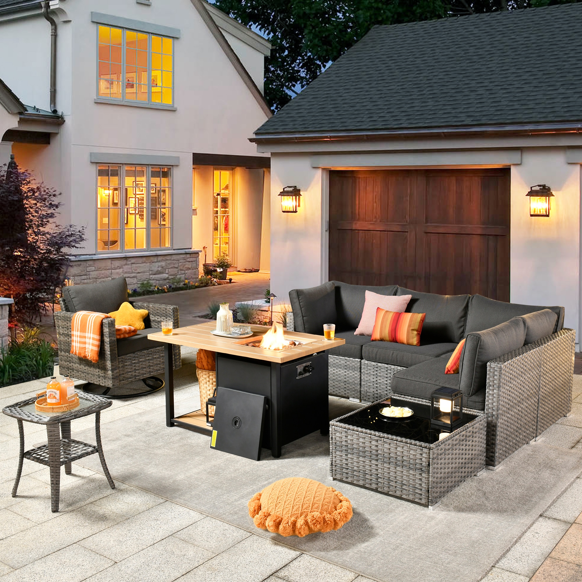 XIZZI XIHOPS1054-RC1DFP Sunrise Rattan Outdoor Sectional with Black Cushions and Steel Frame